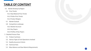 12
4.5 Market Breakup by Region
4.6 Price Trends
4.6.1 Raw Material Price Trends
4.6.2 Pickles Price Trends
4.6.3 Product Margins
4.7 Market Outlook
4.8 Competitive Landscape
4.8.1 Market Structure
4.8.2 Key Players
4.8.3 Profiles of Key Players
5 Detailed Process Flow
5.1 Product Summary
5.2 Various Types of Unit Operations Involved
5.3 Quality Assurance Criteria
5.4 Technical Tests
5.5 Mass Balance and Raw Material Requirements
TABLE OF CONTENT
 