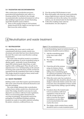 10
Avesta Neutralising Agent (or technical grade
slaked lime) should be used as follows:
1. Add the neutralising agent
to the rinse water while
stirring.
2. The reaction will take place
instantly.
3. Check the pH of the mixture
using, for instance, litmus
paper and adjust the pH by
adding more neutralising agent.
An optimal precipitation of the heavy
metals will be obtained at pH 9 ± 1.0.
4. When the waste water has reached an
acceptable pH, time should be allowed for the
sludge to sink to the bottom and for the water
to become clear. Precipitation of heavy metals
can be improved by adding a special settling
agent.
5. If analysis shows the treated water
to be in accordance with local
regulations, it may be let out
into the sewage system. In
order to increase the degree
of treatment, an extra filter
can be inserted before the water
reaches the sewer.
6. The sludge, which contains heavy metals,
should be sent to a waste-treatment plant.
3.4 PASSIVATION AND DECONTAMINATION
After certain types of production processes,
passivation/decontamination may suffice as a
cleaning method.The method is also strongly
recommended after mechanical treatment as well as
after pickling in special cases. Avesta Passivating
Agent 601 should be used as follows:
1. Spray on the product using an acid-resistant
pump (Avesta SP-25). Apply an even layer of acid
that covers the whole surface.
4 Neutralisation and waste treatment
4.1 NEUTRALISATION
After pickling, the waste water is acidic and
contaminated with heavy metals, mainly iron,
chromium and nickel that have been dissolved from
the steel.The waste water must therefore undergo
neutralisation.
The waste water should be treated in accordance
with local regulations. It can be neutralised using an
alkaline agent – preferably Avesta Neutralising
Agent 502, technical grade slaked lime, or soda –
together with a settling agent.Thus, the pH can be
adjusted from 1-2 to 7-10 (depending on the amount
of rinsing water used).The heavy metals can then be
separated from the neutralised clear water as sludge.
This sludge should be treated as heavy metal waste
and be disposed of accordingly.
4.2 WASTE TREATMENT
Pickling creates waste that requires special treatment.
This waste comes from the chemicals themselves and
from the packaging.
The waste sludge obtained after neutralisation
contains heavy metals, mainly iron, chromium and
nickel.This sludge should be sent away for waste
disposal in accordance with local waste regulations.
There is an increasing public demand for the
recycling of packaging. All materials used in the
packaging of AvestaPolarit Welding’s pickling
products are made of recyclable material, including
the plastic containers, cardboard boxes, etc.
Figure 7: The neutralisation procedure
2. Give the product 20-30 minutes to react.
3. Rinse thoroughly with clean tap water, preferably
using a high-pressure water jet. Ensure that no
acid residues are left on the surface. For sensitive
surfaces, use de-ionised water for the final rinse.
4. Collect the resulting waste water for
neutralisation. See also chapter 4.
CLEAR WATER
SLUDGE
 