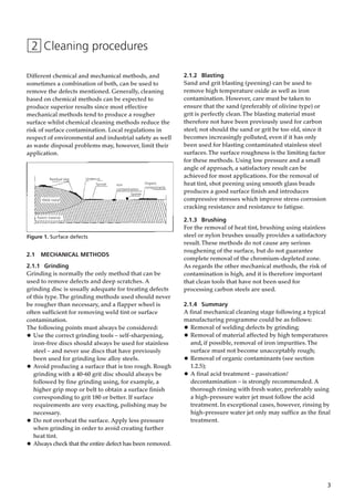 3
2.1 MECHANICAL METHODS
2.1.1 Grinding
Grinding is normally the only method that can be
used to remove defects and deep scratches. A
grinding disc is usually adequate for treating defects
of this type.The grinding methods used should never
be rougher than necessary, and a flapper wheel is
often sufficient for removing weld tint or surface
contamination.
The following points must always be considered:
• Use the correct grinding tools – self-sharpening,
iron-free discs should always be used for stainless
steel – and never use discs that have previously
been used for grinding low alloy steels.
• Avoid producing a surface that is too rough. Rough
grinding with a 40-60 grit disc should always be
followed by fine grinding using, for example, a
higher grip mop or belt to obtain a surface finish
corresponding to grit 180 or better. If surface
requirements are very exacting, polishing may be
necessary.
• Do not overheat the surface. Apply less pressure
when grinding in order to avoid creating further
heat tint.
• Always check that the entire defect has been removed.
2 Cleaning procedures
Different chemical and mechanical methods, and
sometimes a combination of both, can be used to
remove the defects mentioned. Generally, cleaning
based on chemical methods can be expected to
produce superior results since most effective
mechanical methods tend to produce a rougher
surface whilst chemical cleaning methods reduce the
risk of surface contamination. Local regulations in
respect of environmental and industrial safety as well
as waste disposal problems may, however, limit their
application.
2.1.2 Blasting
Sand and grit blasting (peening) can be used to
remove high temperature oxide as well as iron
contamination. However, care must be taken to
ensure that the sand (preferably of olivine type) or
grit is perfectly clean.The blasting material must
therefore not have been previously used for carbon
steel; not should the sand or grit be too old, since it
becomes increasingly polluted, even if it has only
been used for blasting contaminated stainless steel
surfaces.The surface roughness is the limiting factor
for these methods. Using low pressure and a small
angle of approach, a satisfactory result can be
achieved for most applications. For the removal of
heat tint, shot peening using smooth glass beads
produces a good surface finish and introduces
compressive stresses which improve stress corrosion
cracking resistance and resistance to fatigue.
2.1.3 Brushing
For the removal of heat tint, brushing using stainless
steel or nylon brushes usually provides a satisfactory
result.These methods do not cause any serious
roughening of the surface, but do not guarantee
complete removal of the chromium-depleted zone.
As regards the other mechanical methods, the risk of
contamination is high, and it is therefore important
that clean tools that have not been used for
processing carbon steels are used.
2.1.4 Summary
A final mechanical cleaning stage following a typical
manufacturing programme could be as follows:
• Removal of welding defects by grinding;
• Removal of material affected by high temperatures
and, if possible, removal of iron impurities.The
surface must not become unacceptably rough;
• Removal of organic contaminants (see section
1.2.5);
• A final acid treatment – passivation/
decontamination – is strongly recommended. A
thorough rinsing with fresh water, preferably using
a high-pressure water jet must follow the acid
treatment. In exceptional cases, however, rinsing by
high-pressure water jet only may suffice as the final
treatment.
Figure 1. Surface defects
Weld metal
Parent material
Residual slag Undercut
Tarnish Iron
contamination
Spatter
Organic
contaminants
 