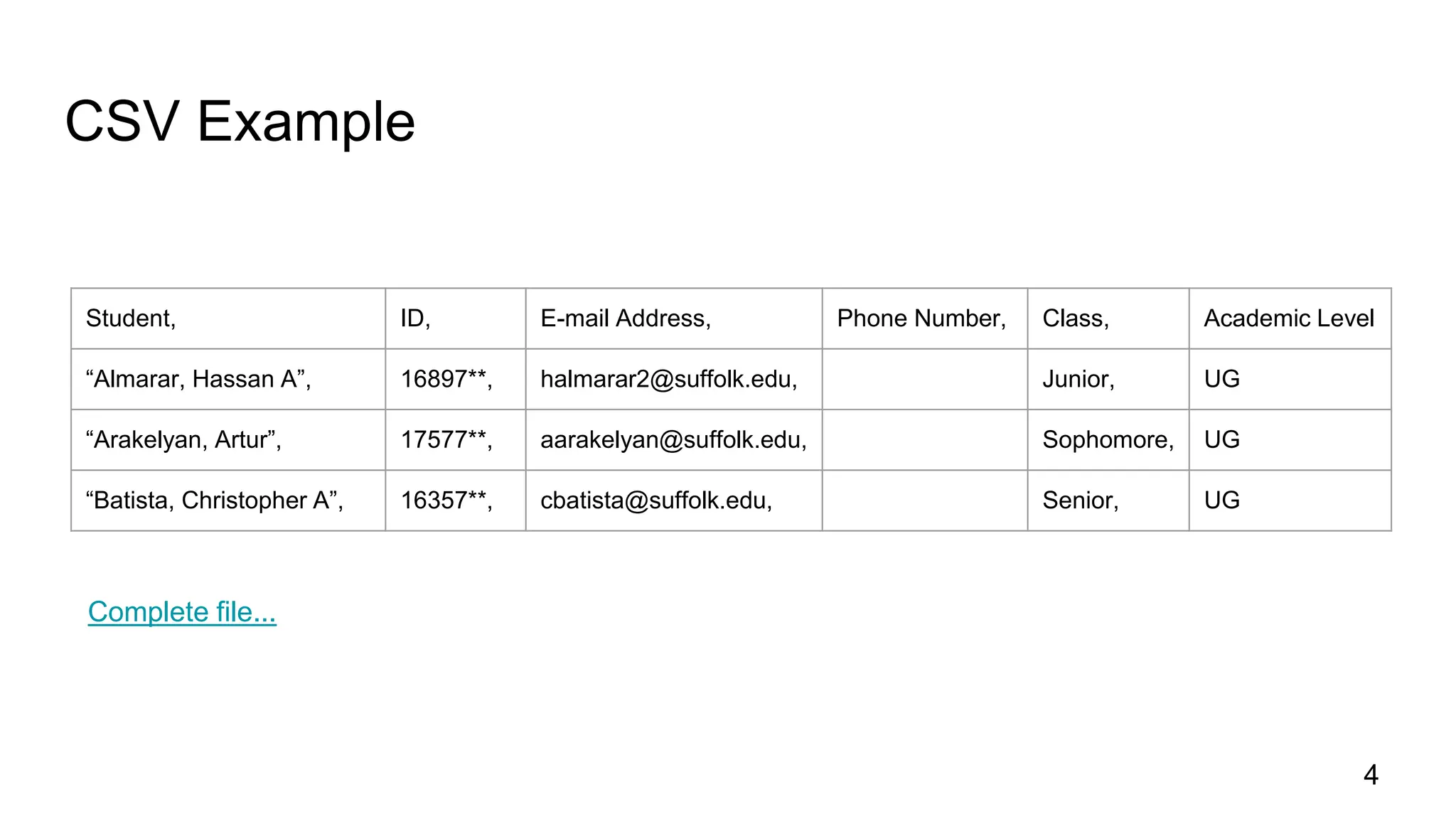 CSV Example
4
Student, ID, E-mail Address, Phone Number, Class, Academic Level
“Almarar, Hassan A”, 16897**, halmarar2@suffolk.edu, Junior, UG
“Arakelyan, Artur”, 17577**, aarakelyan@suffolk.edu, Sophomore, UG
“Batista, Christopher A”, 16357**, cbatista@suffolk.edu, Senior, UG
Complete file...
 