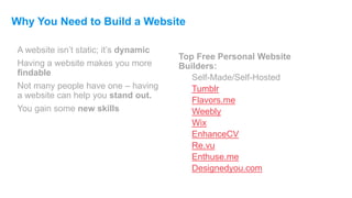 Why You Need to Build a Website
A website isn’t static; it’s dynamic
Having a website makes you more
findable
Not many peo...