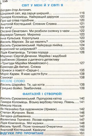 СВІТ У МЕНІ Й У СВІТІ я
Зогдан-ігор Антонич.
ІІирокий світ, від серця ширший......................................119
Тамара Коломієць. Найкращий дарунок........................ 120
Про що співа горобчик.........................................................120
Анатолій Костецький. Словник Славка............................121
Не хочу!................................................................................... 122
Оксана Сенатович. Ми розбили склянку з чаєм ..........122
Варвара Гринько. М ирилка............................................... 123
Інна Кульська. Коротулька..................................................123
Василь Марсюк. За що хвалять?.......................................124
Василь Сухомлинський. Найкраща лінійка................... 124
<орисний чи шкідливий?....................................................125
Лідія Компанієць. Татова порада......................................126
Марина і Сергій Дяченки. Марійка і жадібний
рабіжн ик (Уривок з дитячого детективу
«Пригоди Марійки Михайлової»)..................................... 127
Едмондо Де Амічис. Сніжка
(Уривок з повісті «Серце»)..................................................135
Моріс Карем. Я маю щастя б ути .......................................138
Замокат.................................................................................. 138
ВЕСЕЛЕ СЛОВО
Василь Шаройко. Те, що хотів.......................................... 139
~рицько Бойко. Завбачлива............................................... 139
ФАНТАЗУЙ І СТВОРЮЙ!
Василь Сухомлинський. Пурпурова квітка.....................140
Тамара Коломієць. Візьму вербову гілочку. Півень.....141
Микола Носов.
Як Незнайко був художником (Уривок)............................142
Степан Жупанин. Ваза.........................................................146
Загадка-добавлянка............................................................ 147
Валентина Ткаченко. Лісове коріння............................... 147
[іідія Компанієць. Мої музики.............................................148
Засиль Чухліб. Пісня тоненької Очеретини.................... 149
Анатолій Костецький. Канікули......................................... 150
1 5 »
ріДГУКИ ПРО ПРОЧИТАНЕ.......................................... 151
 