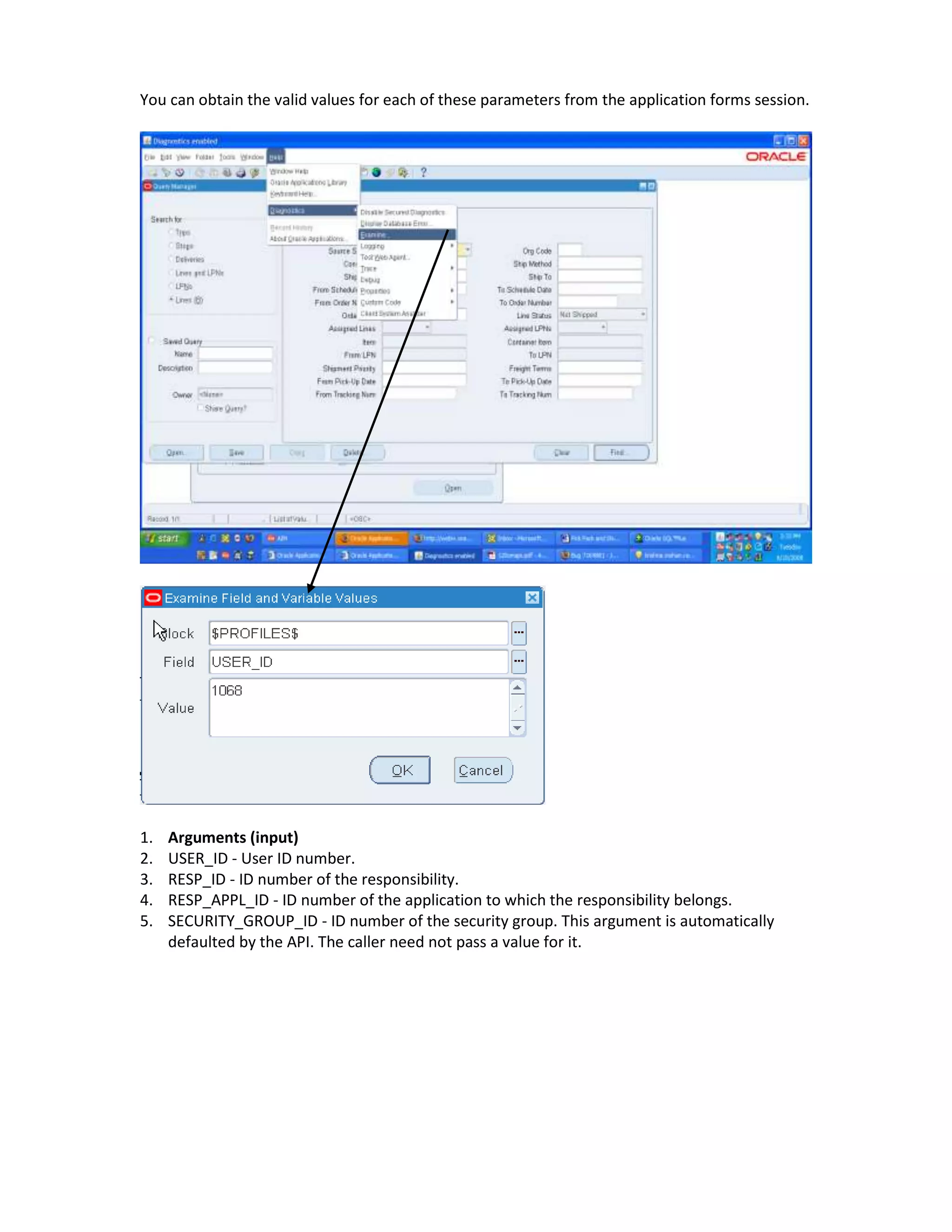 You can obtain the valid values for each of these parameters from the application forms session.




1.   Arguments (input)
2.   USER_ID - User ID number.
3.   RESP_ID - ID number of the responsibility.
4.   RESP_APPL_ID - ID number of the application to which the responsibility belongs.
5.   SECURITY_GROUP_ID - ID number of the security group. This argument is automatically
     defaulted by the API. The caller need not pass a value for it.
 