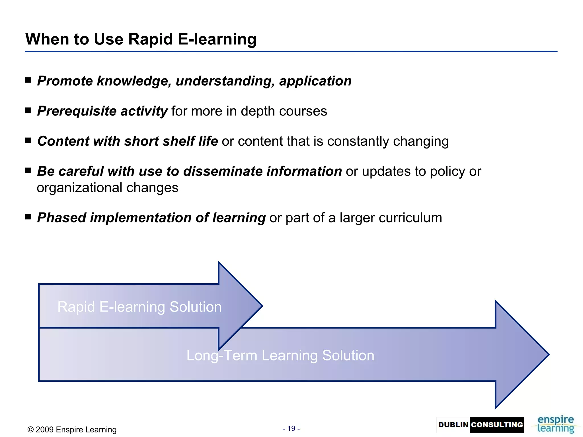 When to Use Rapid E-learning Promote knowledge, understanding, application Prerequisite activity  for more in depth courses Content with short shelf life  or content that is constantly changing Be careful with use to disseminate information  or updates to policy or organizational changes Phased implementation of learning  or part of a larger curriculum Long-Term Learning Solution Rapid E-learning Solution 