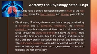 z
Anatomy and Physiology of the Lungs
 Both lungs have a central recession called the hilum at the root
of the lung, where the blood vessels and airways pass into the
lungs.
 Blood supply-The lungs have a dual blood supply provided by
a bronchial and a pulmonary circulation. The bronchial
circulation supplies oxygenated blood to the airways of the
lungs, through the bronchial arteries that leave the aorta. There
are usually three arteries, two to the left lung and one to the
right, and they branch alongside the bronchi and bronchioles.
The pulmonary circulation carries deoxygenated blood from the
heart to the lungs and returns the oxygenated blood to the heart
to supply the rest of the body.
 