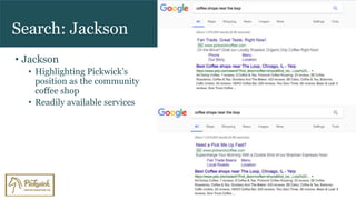 Search: Jackson
• Jackson
• Highlighting Pickwick’s
position as the community
coffee shop
• Readily available services
 