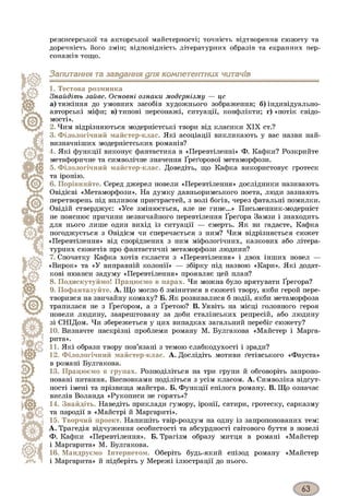 режисерської та акторської майстерності; точність відтворення сюжету та
доречність його змін; відповідність літературних образів та екранних пер­
сонажів тощо.
Запитання та завдання для компетентних читачів
1. Тестова розминка
З н а й д іт ь з а й в е. О сн о в н і о з н а к и м о д е р н із м у — ц е
а) тяжіння до умовних засобів художнього зображення; б) індивідуально-
авторські міфи; в) типові персонажі, ситуації, конфлікти; г) «потік свідо­
мості».
2. Чим відрізняються модерністські твори від класики XIX ст.?
3. Філологічний майстер-клас. Які асоціації викликають у вас назви най­
визначніших модерністських романів?
4. Які функції виконує фантастика в «Перевтіленні» Ф. Кафки? Розкрийте
метафоричне та символічне значення Ґреґорової метаморфози.
5. Філологічний майстер-клас. Доведіть, що Кафка використовує гротеск
та іронію.
6. Порівняйте. Серед джерел новели «Перевтілення» дослідники називають
Овідієві «Метаморфози». На думку давньоримського поета, люди зазнають
перетворень під впливом пристрастей, з волі богів, через фатальні помилки.
Овідій стверджує: «Усе змінюється, але не гине...» Письменник-модерніст
не пояснює причини незвичайного перевтілення Ґреґора Замзи і знаходить
для нього лише один вихід із ситуації — смерть. Як ви гадаєте, Кафка
погоджується з Овідієм чи сперечається з ним? Чим відрізняється сюжет
«Перевтілення» від споріднених з ним міфологічних, казкових або літера­
турних сюжетів про фантастичні метаморфози людини?
7. Спочатку Кафка хотів скласти з «Перевтілення» і двох інших новел —
«Вирок» та «У виправній колонії» — збірку під назвою «Кари». Які додат­
кові нюанси задуму «Перевтілення» проявляє цей план?
8. Подискутуймо! Працюємо в парах. Чи можна було врятувати Ґрегора?
9. Пофантазуйте. А. Що могло б змінитися в сюжеті твору, якби герой пере­
творився на звичайну комаху? Б. Як розвивалися б події, якби метаморфоза
трапилася не з Ґреґором, а з Ґретою? В. Уявіть на місці головного героя
новели людину, заарештовану за доби сталінських репресій, або людину
зі СНІДом. Чи збережеться у цих випадках загальний перебіг сюжету?
10. Визначте наскрізні проблеми роману М. Булгакова «Майстер і Марга-
рита».
11. Які образи твору пов’язані з темою слабкодухості і зради?
12. Філологічний майстер-клас. А. Дослідіть мотиви ґетівського «Фауста»
в романі Булгакова.
13. Працюємо в групах. Розподіліться на три групи й обговоріть запропо­
новані питання. Висновками поділіться з усім класом. А. Символіка відсут­
ності імені та прізвища майстра. Б. Функції епілога роману. В. Що означає
вислів Воланда «Рукописи не горять»?
14. Знайдіть. Наведіть приклади гумору, іронії, сатири, гротеску, сарказму
та пародії в «Майстрі й Маргариті».
15. Творчий проект. Напишіть твір-роздум на одну із запропонованих тем:
А. Трагедія відчуження особистості та абсурдності світового буття в новелі
Ф. Кафки «Перевтілення». Б. Трагізм образу митця в романі «Майстер
і Маргарита» М. Булгакова.
16. Мандруємо Інтернетом. Оберіть будь-який епізод роману «Майстер
і Маргарита» й підберіть у Мережі ілюстрації до нього.
 