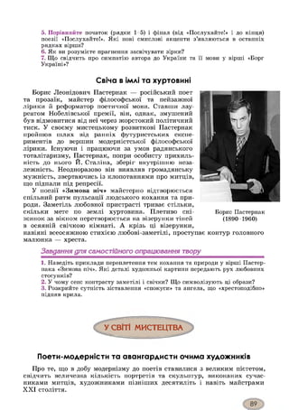5. Порівняйте початок (рядки 1-5) і фінал (від «Послухайте!» і до кінця)
поезії «Послухайте!». Які нові смислові акценти з’являються в останніх
рядках вірша?
6. Як ви розумієте прагнення засвічувати зірки?
7. Що свідчить про симпатію автора до України та її мови у вірші «Борг
Україні»?
Свіча в імлі та хуртовині
Борис Леонідович Пастернак — російський поет
та прозаїк, майстер філософської та пейзажної
лірики й реформатор поетичної мови. Ставши лау­
реатом Нобелівської премії, він, однак, змушений
був відмовитися від неї через жорстокий політичний
тиск. У своєму мистецькому розвиткові Пастернак
пройшов шлях від ранніх футуристських експе­
риментів до вершин модерністської філософської
лірики. Існуючи і працюючи за умов радянського
тоталітаризму, Пастернак, попри особисту прихиль­
ність до нього И. Сталіна, зберіг внутрішню неза­
лежність. Неодноразово він виявляв громадянську
мужність, звертаючись із клопотаннями про митців,
що підпали під репресії.
У поезії «Зимова ніч» майстерно відтворюється
спільний ритм пульсації людського кохання та при­
роди. Заметіль любовної пристрасті триває стільки,
скільки мете по землі хуртовина. Плетиво сні­
жинок за вікном перетворюється на візерунки тіней
в осяяній свічкою кімнаті. А крізь ці візерунки,
навіяні всеосяжною стихією любові-заметілі, проступає контур головного
малюнка — хреста.
Завдання для самостійного опрацювання твору123
1. Наведіть приклади переплетення тем кохання та природи у вірші Пастер-
нака «Зимова ніч». Які деталі художньої картини передають рух любовних
стосунків?
2. У чому сенс контрасту заметілі і свічки? Що символізують ці образи?
3. Розкрийте сутність зіставлення «спокуси» та ангела, що «хрестоподібно»
підняв крила.
Борис Пастернак
(1890-1960)
У СВІТІ МИСТЕЦТВА
Поети-модерністи та авангардисти очима художників
Про те, що в добу модернізму до поетів ставилися з великим пієтетом,
свідчить величезна кількість портретів та скульптур, виконаних сучас­
никами митців, художниками пізніших десятиліть і навіть майстрами
XXI століття.
 