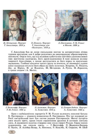 Ж.Метценже. Портрет
Ґ. Аполлінера. 1910 р.
П.Пікассо. Портрет
Ґ. Аполлінера для
«Каліграм». 1916 р.
Л. Пастернак. Р. М. Рільке
в Москві. 1926 р.
Ґ. Аполлінер був не лише геніальним поетом та авторитетним літера­
турним критиком, але й добре розумівся на авангардному образотворчому
мистецтві. Окрім того, що під впливом кубістів він постійно удосконалював
своє мистецтво каліграми, його друзі-художники й самі зазнали впливу
творчості Аполлінера, а також дослухалися до його порад та критичних
зауважень. Глибоко цінуючи такого друга та вчителя, ці знамениті худож­
ники назавжди втілили його образ на своїх полотнах. Зокрема, П. Пікассо,
Дж. де Кіріко, М. де Вламінк, Ж. Метценже, А. Руссо, М. Лорансен,
а трохи згодом і А. Матісс.
Г. Вестгофф. Портрет
Р. М. Рільке. 1901 р.
Н.Альтман. Портрет К. Петров-Водкін. Портрет
А. Ахматової. 1914 р. А. Ахматової. 1922 р.
Один з найвідоміших портретів Р. М. Рільке належить пензлеві батька
Б. Пастернака — відомого живописця Л. Пастернака. Під час подорожі до
Росії австрійський поет був гостем родини Пастернаків. Митці зустріча­
лися всього тричі, однак стали справжніми друзями й активно листува­
лися. А знамените полотно створено вже після смерті Рільке. Серед інших
художників, що писали поета, — Г. Вестгофф, П. Модерзон-Беккер,
Е. Орлік, Л. Альбер-Лазар, А. Носсман, Р. Вілалба, К. Серрано, Ф. Шой-
 