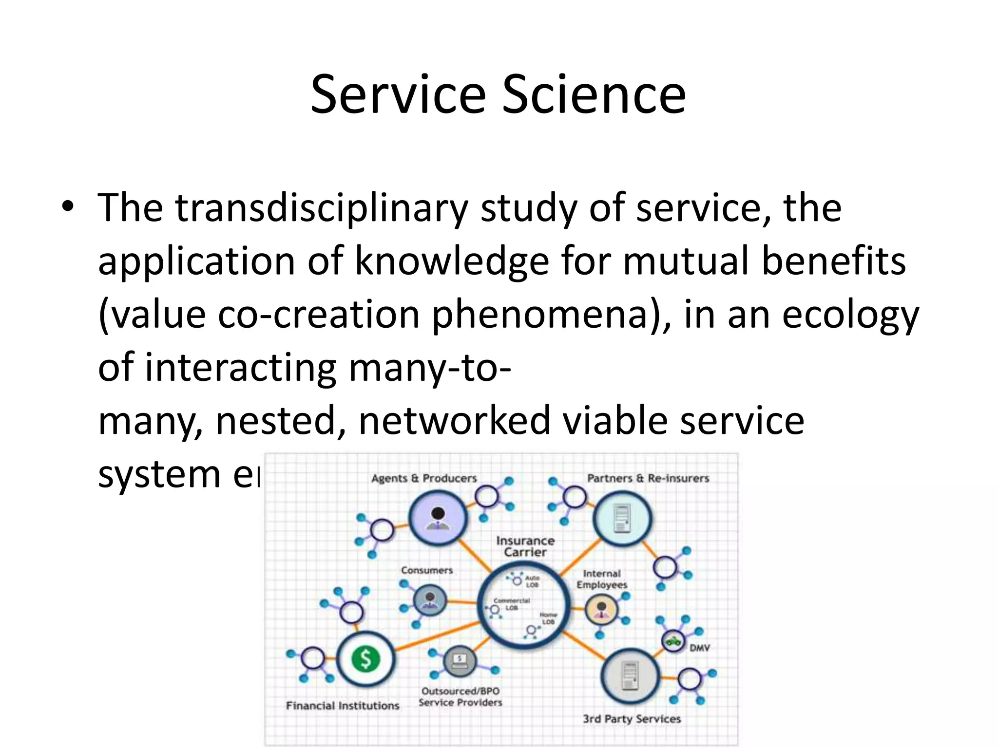 Service Science
• The transdisciplinary study of service, the
application of knowledge for mutual benefits
(value co-creation phenomena), in an ecology
of interacting many-to-
many, nested, networked viable service
system entities.
 