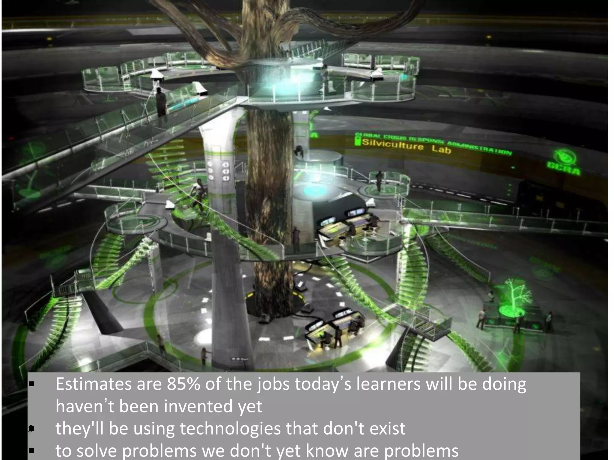 65
 Estimates are 85% of the jobs today’s learners will be doing
haven’t been invented yet
 they'll be using technologies that don't exist
 to solve problems we don't yet know are problems
65
 