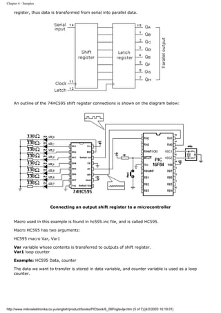 Chapter 6 - Samples

     register, thus data is transformed from serial into parallel data.




     An outline of the 74HC595 shift register connections is shown on the diagram below:




                            Connecting an output shift register to a microcontroller


     Macro used in this example is found in hc595.inc file, and is called HC595.

     Macro HC595 has two arguments:

     HC595 macro Var, Var1

     Var variable whose contents is transferred to outputs of shift register.
     Var1 loop counter

     Example: HC595 Data, counter

     The data we want to transfer is stored in data variable, and counter variable is used as a loop
     counter.




http://www.mikroelektronika.co.yu/english/product/books/PICbook/6_08Poglavlje.htm (5 of 7) [4/2/2003 16:19:01]
 