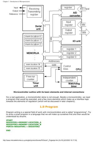 Chapter 1 - Introduction to Microprocessors




                Microcontroller outline with its basic elements and internal connections

     For a real application, a microcontroller alone is not enough. Beside a microcontroller, we need
     a program that would be executed, and a few more elements which make up a interface logic
     towards the elements of regulation (which will be discussed in later chapters).


                                                     1.9 Program
     Program writing is a special field of work with microcontrollers and is called "programming". Try
     to write a small program in a language that we will make up ourselves first and then would be
     understood by anyone.

     START
     REGISTER1=MEMORY LOCATION_A
     REGISTER2=MEMORY LOCATION_B
     PORTA=REGISTER1 + REGISTER2

     END




http://www.mikroelektronika.co.yu/english/product/books/PICbook/1_Poglavlje.htm (8 of 9) [4/2/2003 16:17:33]
 