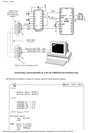 Chapter 6 - Samples




                      Connecting a microcontroller to a PC via a MAX232 line interface chip.


     File RS232.inc contains a group of macros used for serial communication.




http://www.mikroelektronika.co.yu/english/product/books/PICbook/6_12Poglavlje.htm (2 of 6) [4/2/2003 16:19:14]
 