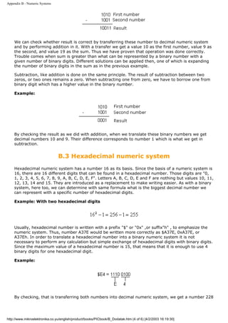 Appendix B - Numeric Systems




    We can check whether result is correct by transferring these number to decimal numeric system
    and by performing addition in it. With a transfer we get a value 10 as the first number, value 9 as
    the second, and value 19 as the sum. Thus we have proven that operation was done correctly.
    Trouble comes when sum is greater than what can be represented by a binary number with a
    given number of binary digits. Different solutions can be applied then, one of which is expanding
    the number of binary digits in the sum as in the previous example.

    Subtraction, like addition is done on the same principle. The result of subtraction between two
    zeros, or two ones remains a zero. When subtracting one from zero, we have to borrow one from
    binary digit which has a higher value in the binary number.

    Example:




    By checking the result as we did with addition, when we translate these binary numbers we get
    decimal numbers 10 and 9. Their difference corresponds to number 1 which is what we get in
    subtraction.


                                B.3 Hexadecimal numeric system
    Hexadecimal numeric system has a number 16 as its basis. Since the basis of a numeric system is
    16, there are 16 different digits that can be found in a hexadecimal number. Those digits are "0,
    1, 2, 3, 4, 5, 6, 7, 8, 9, A, B, C, D, E, F". Letters A, B, C, D, E and F are nothing but values 10, 11,
    12, 13, 14 and 15. They are introduced as a replacement to make writing easier. As with a binary
    system, here too, we can determine with same formula what is the biggest decimal number we
    can represent with a specific number of hexadecimal digits.

    Example: With two hexadecimal digits




    Usually, hexadecimal number is written with a prefix "$" or "0x" ,or suffix"h" , to emphasize the
    numeric system. Thus, number A37E would be written more correctly as $A37E, 0xA37E, or
    A37Eh. In order to translate a hexadecimal number into a binary numeric system it is not
    necessary to perform any calculation but simple exchange of hexadecimal digits with binary digits.
    Since the maximum value of a hexadecimal number is 15, that means that it is enough to use 4
    binary digits for one hexadecimal digit.

    Example:




    By checking, that is transferring both numbers into decimal numeric system, we get a number 228




http://www.mikroelektronika.co.yu/english/product/books/PICbook/B_Dodatak.htm (4 of 6) [4/2/2003 16:19:30]
 