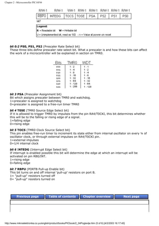 Chapter 2 - Microcontroller PIC16F84




    bit 0:2 PS0, PS1, PS2 (Prescaler Rate Select bit)
    These three bits define prescaler rate select bit. What a prescaler is and how these bits can affect
    the work of a microcontroller will be explained in section on TMR0.




    bit 3 PSA (Prescaler Assignment bit)
    Bit which assigns prescaler between TMR0 and watchdog.
    1=prescaler is assigned to watchdog
    0=prescaler is assigned to a free-run timer TMR0

    bit 4 T0SE (TMR0 Source Edge Select bit)
    If it is allowed to trigger TMR0 by impulses from the pin RA4/T0CKI, this bit determines whether
    this will be to the falling or rising edge of a signal.
    1=falling edge
    0=rising edge

    bit 5 TOCS (TMR0 Clock Source Select bit)
    This pin enables free-run timer to increment its state either from internal oscillator on every ¼ of
    oscillator clock, or through external impulses on RA4/T0CKI pin.
    1=external impulses
    0=1/4 internal clock

    bit 6 INTEDG (Interrupt Edge Select bit)
    If interrupt is enabled possible this bit will determine the edge at which an interrupt will be
    activated on pin RB0/INT.
    1=rising edge
    0=falling edge

    bit 7 RBPU (PORTB Pull-up Enable bit)
    This bit turns on and off internal 'pull-up' resistors on port B.
    1= "pull-up" resistors turned off
    0= "pull-up" resistors turned on




           Previous page                Table of contents              Chapter overview                     Next page




http://www.mikroelektronika.co.yu/english/product/books/PICbook/2_04Poglavlje.htm (5 of 6) [4/2/2003 16:17:45]
 