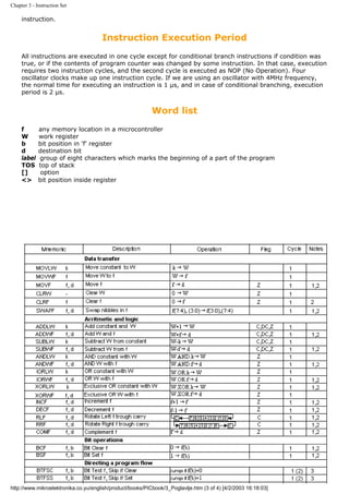 Chapter 3 - Instruction Set

     instruction.


                                      Instruction Execution Period
     All instructions are executed in one cycle except for conditional branch instructions if condition was
     true, or if the contents of program counter was changed by some instruction. In that case, execution
     requires two instruction cycles, and the second cycle is executed as NOP (No Operation). Four
     oscillator clocks make up one instruction cycle. If we are using an oscillator with 4MHz frequency,
     the normal time for executing an instruction is 1 µs, and in case of conditional branching, execution
     period is 2 µs.


                                                           Word list
     f       any memory location in a microcontroller
     W       work register
     b       bit position in 'f' register
     d       destination bit
     label   group of eight characters which marks the beginning of a part of the program
     TOS     top of stack
     []       option
     <>      bit position inside register




http://www.mikroelektronika.co.yu/english/product/books/PICbook/3_Poglavlje.htm (3 of 4) [4/2/2003 16:18:03]
 
