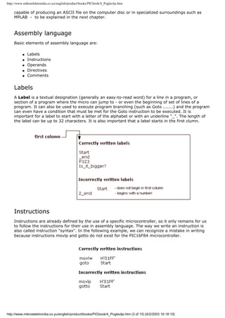 http://www.mikroelektronika.co.yu/english/product/books/PICbook/4_Poglavlje.htm

    capable of producing an ASCII file on the computer disc or in specialized surroundings such as
    MPLAB - to be explained in the next chapter.



    Assembly language
    Basic elements of assembly language are:

          q   Labels
          q   Instructions
          q   Operands
          q   Directives
          q   Comments


    Labels
    A Label is a textual designation (generally an easy-to-read word) for a line in a program, or
    section of a program where the micro can jump to - or even the beginning of set of lines of a
    program. It can also be used to execute program branching (such as Goto .......) and the program
    can even have a condition that must be met for the Goto instruction to be executed. It is
    important for a label to start with a letter of the alphabet or with an underline "_". The length of
    the label can be up to 32 characters. It is also important that a label starts in the first clumn.




    Instructions
    Instructions are already defined by the use of a specific microcontroller, so it only remains for us
    to follow the instructions for their use in assembly language. The way we write an instruction is
    also called instruction "syntax". In the following example, we can recognize a mistake in writing
    because instructions movlp and gotto do not exist for the PIC16F84 microcontroller.




http://www.mikroelektronika.co.yu/english/product/books/PICbook/4_Poglavlje.htm (3 of 15) [4/2/2003 16:18:10]
 