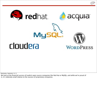 WordPress




Wednesday, September 19, 12
We look at the ﬁnancial success of explicit open source companies like Red Hat o...