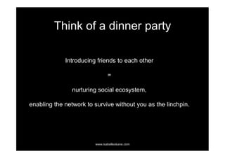 Think of a dinner party

             Introducing friends to each other

                               =

                nurturing social ecosystem,

enabling the network to survive without you as the linchpin.




                        www.isabelleokane.com
 