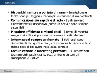 Benefici
• Dispositivi sempre a portata di mano - Smartphone e
tablet sono più leggeri e hanno più autonomia di un notebook
• Comunicazione più rapida e diretta - I dati arrivano
direttamente sul dispositivo (come un SMS) e sono sempre
disponibili
• Maggiore efficienza e minori costi - I tempi di risposta
vengono ridotti e si possono risparmiare i costi telefonici
• Informazioni sempre aggiornate - I dati locali sono
sincronizzati con quelli remoti, chi lavora sul territorio vede le
stesse cose di chi lavora nella sede centrale
• Comunicazione e marketing pervasivi - Le informazioni
(commerciali, pubblicitarie, ecc.) arrivano su tutti gli
smartphone e i tablet

4
© CAD IT 2013, nessuna parte del presente documento può essere trasmessa, citata o riprodotta senza il preventivo consenso scritto di CAD IT

 