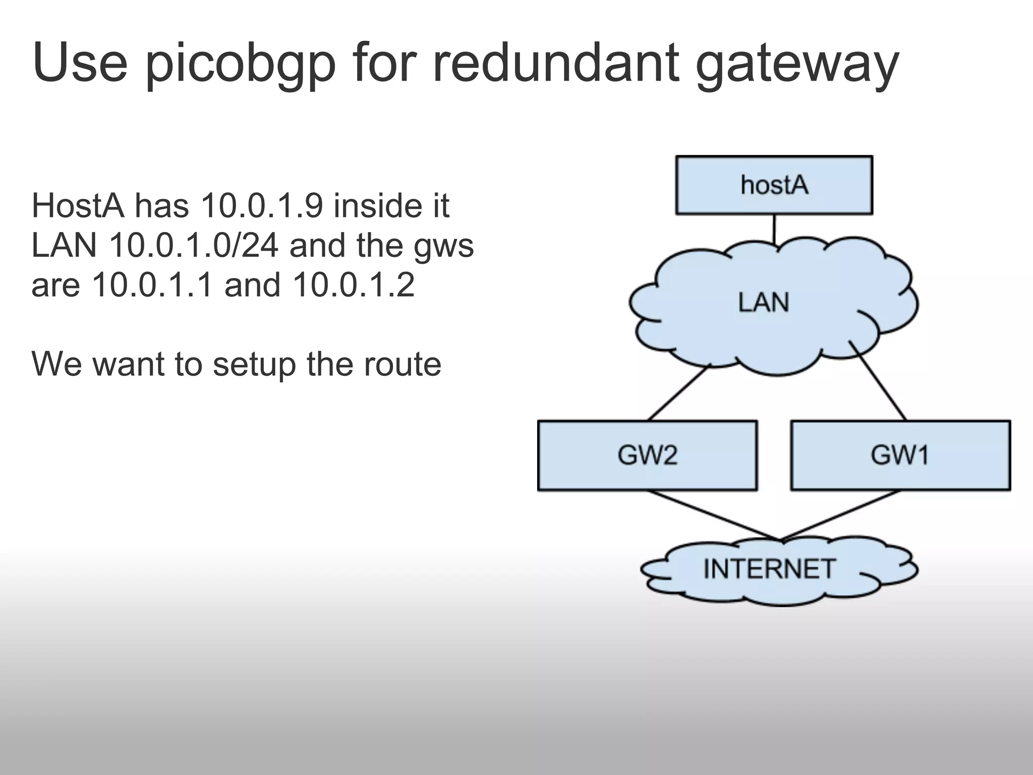 Use picobgp for redundant gateway

HostA has 10.0.1.9 inside it
LAN 10.0.1.0/24 and the gws
are 10.0.1.1 and 10.0.1.2

We want to setup the route
 