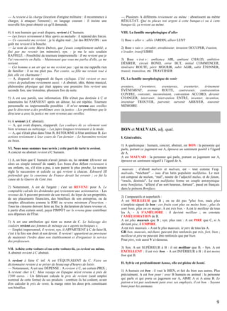 — A revient à la charge (locution d'origine militaire : il recommence à
charger, à attaquer l'ennemi) ; en langage courant : il insiste une
nouvelle fois pour obtenir ce qu'il demande.

— Plusieurs A différents reviennent au même : aboutissent au même
RÉSULTAT. Que tu places ton argent à cette banque-ci ou à cette
banque-là, ça revient au même.

4) A non humain qui avait disparu, revient à C humain.
— Les forces reviennent à Max après sa maladie : il reprend des forces.
— Ce cassoulet me revient : je le digère mal ; j'ai des RENVOIS : son
goût me revient à la bouche.
— Le nom de cette Marie Dubois, que j'avais complètement oublié, a
fini par me revenir (en mémoire), syn. : je me le suis soudain
RAPPELÉ. - Possibilité de tournure impersonnelle : Il me revient que je
l'ai rencontrée en Italie. - Maintenant que vous me parlez d'elle, ça me
revient.
— Cet homme a un air qui ne me revient pas : qui ne me rappelle rien
de familier : il ne me plait pas. Par contre, sa fille me revient tout à
fait, elle est charmante !
— A, disparaît et réapparaît de façon cyclique. L'été revient et mes
crises de paludisme reviennent aussi. - A abstrait, idée, thème musical,
phénomène physique qui était apparu une première fois revient une
seconde fois, une troisième, plusieurs fois de suite.

VIII. La famille morphologique d’aller

5) A est une parole, une information. Elle n'était pas destinée à C et
néanmoins lui PARVIENT après un détour, lui est répétée. Tournure
personnelle ou impersonnelle possibles : Il m'est revenu aux oreilles
que le directeur a des problèmes avec la justice. - Les problèmes que le
directeur a avec la justice me sont revenus aux oreilles.
6) A revient (à C abstrait).
— A, qui avait disparu, réapparaît. Les couleurs de ce vêtement sont
bien revenues au nettoyage. - Les jupes longues reviennent à la mode.
— A, qui n'était plus dans l'état B, RETOURNE à l'état antérieur B. Les
actions reviennent à leur cours de l'an dernier. - Le baromètre revient
au beau.
VI. Nous nous sommes tous servis ; cette part de tarte te revient.
A concret ou abstrait revient à C humain.
1) A, un bien que C humain n'avait jamais eu, lui revient. (Revenir est
alors un simple intensif de venir). Les biens d'un défunt reviennent à
ses enfants, ou, s'il n'en a pas, à son parent le plus proche. Le notaire
règle la succession et calcule ce qui revient à chacun. Édouard III
prétendait que la couronne de France devait lui revenir ; ce fut la
cause de la Guerre de Cent Ans.
2) Notamment, A est de l'argent : c'est un REVENU pour A. Le
comptable calcule les dividendes qui reviennent aux actionnaires. - Les
revenus de A peuvent provenir de son travail, du loyer de ses propriétés,
de ses placements financiers, des bénéfices de son entreprise, ou de
simples allocations comme le RMI ou revenu minimum d'insertion. Tous les citoyens doivent faire au fisc la déclaration de leurs revenus et,
à partir d'un certain seuil, payer l'IMPÔT sur le revenu pour contribuer
aux dépenses de l'État.
3) A est une attribution qui tient au statut de C. Le balayage des
couloirs revient aux femmes de ménage ou « agents techniques ».
— Emploi impersonnel, il revient, syn. il APPARTIENT à C de faire B,
c'est à la fois son droit et son devoir. Il revient / appartient au proviseur
de maintenir l'ordre dans son établissement et d'organiser le service
des professeurs.
VII. Achète cette voiture-ci ou cette voiture-là, ça revient au même.
A abstrait revient à C abstrait.
A revient à faire C inf. A est l’ÉQUIVALENT de C. Faire un
dictionnaire revient à se priver de beaucoup d'heures de loisir.
— Notamment, A est une DÉPENSE : A revient à C, un certain PRIX ;
A revient cher à C. Mon voyage en Espagne m'est revenu à près de
1500 euros. - Un fabricant calcule le prix de revient (seul emploi
nominal de cette forme) de ses produits : combien ils lui coûtent, avant
d'en calculer le prix de vente, la marge entre les deux prix constituant
son bénéfice.

1) Base « aller » : allée JARDIN, allure LENT
2) Base « vais » : envahir, envahisseur, invasion OCCUPER, évasion,
s’évader, évasif LIBRE
3) Base « irai » : ambiance AIR, ambiant CHAUD, ambition
DÉSIRER, circuit ROND, errer BUT, initial COMMENCER,
itinéraire ROUTE, périr MOURIR, subir AGIR, subit ÉTONNER,
transit, transition, etc. TRAVERSER
IX. La famille morphologique de venir
aventure,
s'aventurer,
aventureux,
aventurier,
évènement
ÉVÈNEMENT, avenue ROUTE, contrevenir, contravention
CONTRE, convenir, inconvénient, convention ACCORD, devenir
CHANGER, intervenir, intervention ENTRE, inventer, invention,
inventeur TROUVER, parvenir, survenir ARRIVER, souvenir
MÉMOIRE

BON et MAUVAIS, adj. qual.
I. Généralités.
1) A quelconque : humain, concret, abstrait, est BON : la personne qui
parle, portant ce jugement sur A, éprouve un sentiment positif à l’égard
de A.
A est MAUVAIS : la personne qui parle, portant ce jugement sur A,
éprouve un sentiment négatif à l’égard de A.
mauvais : d’abord malveis et malvais, est – tout comme l’esp.
malvado, “méchant” – issu d’un latin populaire malifatius. Le mot
est composé de malum, “mal”, neutre de l’adjectif malus, et de fatum,
“oracle, destinée”. Le mot malifatius forme un couple antonymique
avec bonifatius, “affecté d’un sort heureux, fortuné”, passé en français
dans le prénom Boniface.
2) Comparatifs et superlatifs :
A est MEILLEUR que B ; on ne dit pas *plus bon, mais plus
s’emploie séparé de bon : ces fruits sont plus ou moins bons ; plus ils
sont bons, plus on en mange. A est très bon. - A est le meilleur de tous
les A. - A S'AMÉLIORE : il devient meilleur ; on constate
l’AMÉLIORATION de B.
A est plus mauvais que B ; syn. plus rare : A est PIRE que C, si A
devient pire, il EMPIRE.
A est très mauvais. - A est le plus mauvais, le pire de tous les A.
GR bon, mauvais, méchant, peuvent être renforcés par très, fort, bien ;
meilleur et pire ne peuvent être renforcés que par bien.
Pour pire, voir aussi V ci-dessous.
3) Syn. A est SUPÉRIEUR à B : il est meilleur que B. - Syn. A est
EXCELLENT : il est très bon. - A est INFÉRIEUR à B : il est moins
bon que B.
II. Sylvie est profondément bonne, elle est pleine de bonté.
1) A humain est bon : il veut le BIEN, et fait du bien aux autres. Plus
précisément, A est bon pour / avec B humain ou animal : la personne
qui parle et qui porte ce jugement sur A, AIME A et A aime B. Le
patron n’est pas seulement juste avec ses employés, il est bon. - Soyons
bons pour les animaux.

9

 