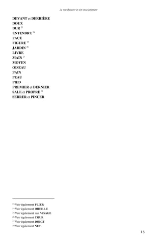Le vocabulaire et son enseignement	
  

DEVANT et DERRIÈRE
DOUX
DUR 23
ENTENDRE 24
FACE
FIGURE 25
JARDIN 26
LIVRE
MAIN 27
MOYEN
OISEAU
PAIN
PEAU
PIED
PREMIER et DERNIER
SALE et PROPRE 28
SERRER et PINCER

	
  	
  	
  	
  	
  	
  	
  	
  	
  	
  	
  	
  	
  	
  	
  	
  	
  	
  	
  	
  	
  	
  	
  	
  	
  	
  	
  	
  	
  	
  	
  	
  	
  	
  	
  	
  	
  	
  	
  	
  	
  	
  	
  	
  	
  	
  	
  	
  	
  	
  	
  	
  	
  	
  	
  	
  
23	
  Voir	
  également

PLIER	
  
OREILLE	
  
25	
  Voir	
  également mot VISAGE	
  
26	
  Voir	
  également COUR	
  
27	
  Voir	
  également DOIGT	
  
28	
  Voir	
  également NET.	
  
24	
  Voir	
  également

	
  

16	
  

 