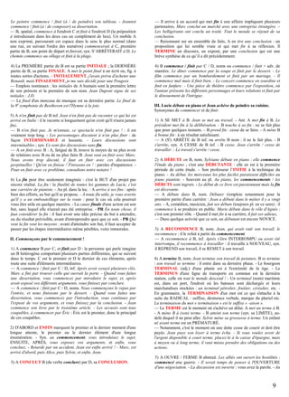 Le peintre commence / finit (à / de peindre) son tableau. - Jeannot
commence / finit (à / de composer) sa dissertation.
— B, spatial, commence à l'endroit C et finit à l'endroit D (la préposition
à introduisant dans les deux cas un complément de lieu). Un mobile A
non exprimé, parcourant cet espace dans le sens le plus normal (dans
une rue, en suivant l'ordre des numéros) commencerait à C, première
partie de B, son point de départ et finirait, syn. S’ARRÊTERAIT à D. Le
chemin commence au village et finit à la plage.

— Il arrive à un accord qui met fin à une affaire impliquant plusieurs
partenaires. Marc conclut un marché avec une entreprise étrangère. –
Les belligérants ont conclu un traité. Tout le monde se réjouit de sa
conclusion.
— Raisonnant sur un ensemble de faits, A en tire une conclusion : un
proposition qui lui semble vraie et qui met fin à sa réflexion. Il
TERMINE un discours, un exposé, par une conclusion qui est une
brève synthèse de ce qu’il a dit précédemment.

4) La PREMIÈRE partie de B est sa partie INITIALE ; la DERNIÈRE
partie de B, sa partie FINALE. A met le point final à un écrit ou, fig. à
toutes sortes d'actions. - INITIALEMENT, j'avais prévu d'acheter une
Renault, mais FINALEMENT, je me suis décidé pour une Peugeot.
— Emplois nominaux : les initiales de A humain sont la première lettre
de son prénom et la première de son nom. Jean Dupont signe de ses
initiales : J.D.
— Le final d'un morceau de musique est sa dernière partie. Le final de
la 9e symphonie de Beethoven est l'Hymne à la joie.

4) B commence / finit par C / D, noms ou commence / finit + adv. de
manière. Le dîner commence par la soupe et finit par le dessert. - Le
film commence par un bombardement et finit par un mariage. - Il
commence mal mais il finit bien. - Le concert commence en sourdine et
finit en fanfare. - Une pièce de théâtre commence par l'exposition, où
l'auteur présente les différents personnages et leurs relations et finit par
le dénouement de l'intrigue.

5) A n'en finit pas de B inf. Jean n'en finit pas de raconter ce qui lui est
arrivé en Italie : il le raconte si longuement qu'on croit qu'il n'aura jamais
fini.
— B n'en finit pas. Je m'ennuie, ce spectacle n'en finit pas ! : il est
vraiment trop long. - Les personnages discutent à n'en plus finir : de
façon INTERMINABLE et lassante. - Leurs discussions sont
interminables ; syn. Ce sont des discussions sans fin.
— A en finit avec B : A, fatigué de B, trouve le moyen de ne plus avoir
de relations avec B ou de ne plus faire B. Jean veut en finir avec Marc.
Nous avons trop discuté, il faut en finir avec ces discussions
perpétuelles ! Qu'on en finisse ! Finissons-en ! : paroles d'impatience. Pour en finir avec ce problème, consultons notre notaire !
6) La fin peut être seulement imaginée : c'est le BUT d'un projet pas
encore réalisé. La fin / la finalité de toutes les gammes de Lucie, c'est
une carrière de pianiste. - Au pl. dans la loc. : A arrive à ses fins : après
bien des efforts, au but qu'il se propose. - À toute fin utile, je vous avertis
qu'il y a un embouteillage sur la route : pour le cas où cela pourrait
vous être utile en quelque manière. - La cause finale d'une action est son
but, sans lequel elle n'aurait pas été entreprise. - PR En toute chose, il
faut considérer la fin : il faut avoir une idée précise du but à atteindre,
ou du résultat prévisible, avant d'entreprendre quoi que ce soit. - PR Qui
veut la fin veut les moyens : avant d'atteindre son but, il faut accepter de
passer par les étapes intermédiaires même pénibles, voire immorales.
II. Commençons par le commencement !
1) A commence B par C, et finit par D : la personne qui parle imagine
un B hétérogène comportant plusieurs parties différentes, qui se suivent
dans le temps. C est le premier et D le dernier de ces éléments, après
toute une suite d'éléments intermédiaires.
— A commence / finit par C / D, inf. Après avoir essayé plusieurs clés,
Marc a fini par trouver celle qui ouvrait la porte. - Quand vous faites
une dissertation, vous commencez par introduire le sujet, et, après
avoir exposé vos différents arguments, vous finissez par conclure.
— A commence / finit par C / D, noms. Nous commençons le repas par
l'entrée, et nous finissons par le dessert. - Quand vous faites une
dissertation, vous commencez par l'introduction, vous continuez par
l'exposé de vos arguments, et vous finissez par la conclusion. - Jean
commence son livre par le troisième article. - Les accusés sont tous
coupables, à commencer par Éric : Éric est le premier, donc le principal
de ces coupables.
2) D'ABORD et ENFIN marquent le premier et le dernier moment d'une
longue attente, le premier ou le dernier élément d'une longue
énumération. - Syn. au commencement, vous introduisez le sujet,
ENSUITE, APRÈS, vous exposez vos arguments, et enfin, vous
concluez. - Retardé par un accident, Jean est enfin arrivé ! - Marc, est
arrivé d'abord, puis Alice, puis Sylvie, et enfin, Jean.
3) A CONCLUT B (du verbe conclure) par D, sa CONCLUSION.

III. Lucie débute en piano et Jean achève de peindre sa cuisine.
Synonymes de commencer et de finir.
1) A SE MET à B. Jean se met au travail. - Ant. A met fin à B. Le
président met fin à la délibération. - B touche à sa fin : ne se fait plus
que pour quelques instants. – B prend fin : cesse de se faire. - A mène B
à bonne fin : à un résultat satisfaisant.
— A (S') ARRÊTE de B inf. ou arrête B nom : il ne le fait plus. - B
s'arrête, syn. A CESSE de B inf. - B cesse. Jean s'arrête / cesse de
travailler. - Le travail s'arrête / cesse.
2) A DÉBUTE en B, nom. Sylviane débute en piano : elle commence
l'étude du piano ; c'est une DÉBUTANTE : elle en est à la première
période de cette étude. – Son professeur l’INITIE à la technique du
piano. - Au début, les morceaux les plus faciles paraissent difficiles au
jeune pianiste. - Souvent au pl. Au piano, les commencements / les
DÉBUTS sont ingrats. - Le début de ce livre est passionnant mais la fin
est décevante.
— A débute dans B, nom. Débuter s'emploie notamment pour la
première partie d'une carrière : Jean a débuté dans le métier il y a vingt
ans. - A, comédien, musicien, fait ses débuts (toujours pl. en ce sens) : il
commence à se produire en public. Marie débute dans le rôle d'Agnès :
c'est son premier rôle. - Quand il met fin à sa carrière, il fait ses adieux.
— Dans quelque activité que ce soit, un débutant est encore NOVICE.
3) A RECOMMENCE B, nom. Jean, qui avait raté son travail, le
recommence : il le refait à partir du commencement.
— A recommence à B, inf. Après s'être INTERROMPU ou avoir été
interrompu, il recommence à travailler : il travaille à NOUVEAU, syn.
il REPREND son travail, il se REMET à son travail.
4) A termine B, nom. Jean termine son travail de peinture. B se termine
: son travail se termine : il entre dans sa dernière phase. - Le bourgeon
TERMINAL (adj.) d'une plante est à l'extrémité de la tige. - Le
TERMINUS d'une ligne de transports en commun est la dernière
station, celle où tout le monde descend ! - Un terminal (nom) maritime
est, dans un port, l'endroit où les bateaux sont déchargés et leurs
marchandises stockées : un terminal pétrolier, fruitier, céréalier, etc. En grammaire, la TERMINAISON d'un mot est ce qui s'attache à la
suite du RADICAL : suffixe, désinence verbale, marque du pluriel etc.
La terminaison du mot « terminaison » est le suffixe « -aison ».
— Le TERME est le moment où s'achève un délai. A met un terme à B.
- A mène B à (son) terme. - B atteint son terme (syn. sa LIMITE), audelà duquel il ne peut aller. Sylvie mène sa grossesse à terme. Un enfant
né avant terme est un PRÉMATURÉ.
— Notamment, c'est le moment où une dette cesse de courir et doit être
payée. Jean paye son loyer à terme échu. - Si vous voulez avoir de
l'argent disponible à court terme, placez-le à la caisse d'épargne, mais
à moyen ou à long terme, il vaut mieux prendre des obligations ou des
actions.
5) A OUVRE / FERME B abstrait. Les alliés ont ouvert les hostilités :
commencé une guerre. - Il serait temps de penser à l'OUVERTURE
d'une négociation. - La discussion est ouverte : vous avez la parole. - Au

9

 
