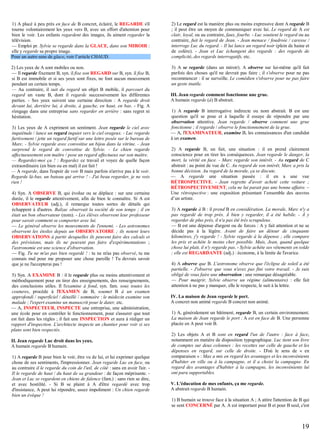 1) A placé à peu près en face de B concret, éclairé, le REGARDE s'il
tourne volontairement les yeux vers B, avec un effort d'attention pour
bien le voir. Les enfants regardent des images, ils aiment regarder la
télévision.
— Emploi pr. Sylvie se regarde dans la GLACE, dans son MIROIR :
elle y regarde sa propre image.
Pour un autre sens de glace, voir l’article CHAUD.

2) Le regard est la manière plus ou moins expressive dont A regarde B
; il peut être un moyen de communiquer avec lui. Le regard de A est
clair, loyal, ou au contraire, faux, fourbe. - Luc soutient le regard ou au
contraire, fuit le regard de Jean. - Jean menace / foudroie / caresse /
interroge Luc du regard. - Il lui lance un regard noir (plein de haine et
de colère). - Jean et Luc échangent des regards : des regards de
complicité, des regards interrogatifs, etc.

2) Les yeux de A sont mobiles ou non.
— Il regarde fixement B, syn. il fixe son REGARD sur B, syn. il fixe B,
si B est immobile et si ses yeux sont fixes, ne font aucun mouvement
pendant un certain temps.
— Au contraire, il suit du regard un objet B mobile, il parcourt du
regard un vaste B, dont il regarde successivement les différentes
parties. - Ses yeux suivent une certaine direction : A regarde droit
devant lui, derrière lui, à droite, à gauche, en haut, en bas. - Fig. A
s'engage dans une entreprise sans regarder en arrière : sans regret ni
hésitation.

3) A se regarde (dans un miroir). A observe sur lui-même qu'il fait
parfois des choses qu'il ne devrait pas faire ; il s'observe pour ne pas
recommencer : il se surveille. Le comédien s'observe pour ne pas faire
un geste inutile.

3) Les yeux de A expriment un sentiment. Jean regarde le ciel avec
inquiétude / lance un regard inquiet vers le ciel orageux. - Luc regarde
furtivement / jette un regard furtif sur une lettre posée sur le bureau de
Marc. - Sylvie regarde avec convoitise un bijou dans la vitrine. - Jean
surprend le regard de convoitise de Sylvie. - Le chien regarde
affectueusement son maître / pose un regard affectueux sur son maître.
— Regardez-moi ça ! : Regardez ce travail et voyez de quelle façon
extraordinaire (en bien ou en mal) il est fait !
— A regarde, dans l'espoir de voir B mais parfois n'arrive pas à le voir.
Regarde là-bas, un bateau qui arrive ! - J'ai beau regarder, je ne vois
rien !
4) Syn. A OBSERVE B, qui évolue ou se déplace : sur une certaine
durée, il le regarde attentivement, afin de bien le connaître. Si A est
OBSERVATEUR (adj.), il remarque toutes sortes de détails qui
échappent à d'autres. Balzac observait la société de son temps ; il en
était un bon observateur (nom). - Les élèves observent leur professeur
pour savoir comment se comporter avec lui.
— Le général observe les mouvements de l'ennemi. - Les astronomes
observent les étoiles depuis un OBSERVATOIRE ; ils notent leurs
OBSERVATIONS à partir desquelles ils peuvent faire des calculs et
des prévisions, mais ils ne peuvent pas faire d'expérimentations ;
l'astronomie est une science d'observation.
— Fig. Tu ne m'as pas bien regardé ! : tu ne m'as pas observé, tu me
connais mal pour me proposer une chose pareille ! Tu devrais savoir
que je ne l'accepterai pas !
5) Syn. A EXAMINE B : il le regarde plus ou moins attentivement et
méthodiquement pour en tirer des enseignements, des renseignements,
des conclusions utiles. Il l'examine à fond, syn. fam. sous toutes les
coutures, procède à l'EXAMEN de B, soumet B à un examen
approfondi / superficiel / détaillé / sommaire : le médecin examine son
malade ; l'expert examine un manuscrit pour le dater, etc.
— A, INSPECTEUR, INSPECTE une entreprise, une administration,
une école pour en contrôler le fonctionnement, pour s'assurer que tout
est fait dans les règles ; il fait une INSPECTION et aura à rédiger un
rapport d'inspection. L'architecte inspecte un chantier pour voir si ses
plans sont bien respectés.
II. Jean regarde Luc droit dans les yeux.
A humain regarde B humain.
1) A regarde B pour bien le voir, être vu de lui, et lui exprimer quelque
chose de ses sentiments, l'impressionner. Jean regarde Luc en face, ou
au contraire il le regarde du coin de l'œil, de côté : sans en avoir l'air. Il le regarde de haut / du haut de sa grandeur : de façon méprisante. Jean et Luc se regardent en chiens de faïence (fam.) : sans rien se dire,
et avec hostilité. - Si B se plaint à A d'être regardé avec trop
d'insistance, A peut lui répondre, assez impoliment : Un chien regarde
bien un évêque !

III. Jean regarde comment fonctionne une grue.
A humain regarde (à) B abstrait.
1) A regarde B interrogative indirecte ou nom abstrait. B est une
question qu'il se pose et à laquelle il essaye de répondre par une
observation attentive. Jean regarde / observe comment une grue
fonctionne ; il regarde / observe le fonctionnement de la grue.
— A, l'EXAMINATEUR, examine B, les connaissances d'un candidat
à un examen.
2) A regarde B, un fait, une situation : il en prend clairement
conscience pour en tirer les conséquences. Jean regarde le danger, la
mort, la vérité en face. - Marc regarde son intérêt. - Au regard de C
abstrait : au point de vue de C. Au regard de son intérêt, Marc a pris la
bonne décision. Au regard de la morale, ça se discute.
— A regarde une situation passée : il en a une vue
RÉTROSPECTIVE. - Jean regrette d'avoir acheté cette voiture ;
RÉTROSPECTIVEMENT, cela ne lui parait pas une bonne affaire. –
Une rétrospective : une exposition présentant l’ensemble des œuvres
d’un artiste.
3) A regarde à B : il prend B en considération. La morale, Marc n'y a
pas regardé de trop près. À bien y regarder, il a été habile. - À y
regarder de plus près, il n'a pas été très scrupuleux.
— B est une dépense d'argent ou de forces : A y fait attention et ne se
décide pas à la légère. Avant de faire un détour de cinquante
kilomètres, j'y regarde ! - Sylvie regarde à la dépense ; elle compare
les prix et achète le moins cher possible. Mais, Jean, quand quelque
chose lui plait, il n'y regarde pas. - Sylvie achète ses vêtements en solde
; elle est REGARDANTE (adj.) : économe, à la limite de l'avarice.
4) A observe que B. L'astronome observe que l'éclipse de soleil a été
partielle. - J'observe que vous n'avez pas fini votre travail. - Je suis
obligé de vous faire une observation : une remarque désagréable.
— Pour maigrir, Sylvie observe un régime (alimentaire) : elle fait
attention à ne pas y manquer, elle le respecte, le suit à la lettre.
IV. La maison de Jean regarde le port.
A concret non animé regarde B concret non animé.
1) A, généralement un bâtiment, regarde B, un certain environnement.
La maison de Jean regarde le port : A est en face de B. Une personne
placée en A peut voir B.
2) Les objets A et B sont en regard l'un de l'autre : face à face,
notamment en matière de disposition typographique. Luc tient son livre
de comptes sur deux colonnes : les recettes sur celle de gauche et les
dépenses en regard, sur celle de droite. - D'où le sens de « en
comparaison » : Max a mis en regard les avantages et les inconvénients
d'habiter en ville ou à la campagne, et il a choisi la campagne. En
regard des avantages d'habiter à la campagne, les inconvénients lui
ont paru supportables.
V. L'éducation de mes enfants, ça me regarde.
A abstrait regarde B humain.
1) B humain se trouve face à la situation A ; A attire l'attention de B qui
se sent CONCERNÉ par A. A est important pour B et pour B seul, c'est

19

 