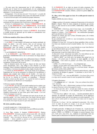 — On peut aussi être impressionné par la belle intelligence d'un
individu, par la beauté de ses raisonnements, de son comportement
moral, de son travail manuel ou intellectuel, de ses actions. Exclamation
admirative : C'est du beau travail !
— Ironiquement : C'est du beau (travail) ! C'est du joli ! : ce qu'on dit
devant le résultat catastrophique d'une action. De même Belle moralité !
: ce qu'on dit devant après avoir entendu des propos immoraux.
3) Les synonymes et les antonymes intensifs de beau précisent les
sentiments de B en présence d'un A qu'il trouve beau ou laid :
— B trouve A extrêmement beau : il trouve A MERVEILLEUX, dit
que A est une MERVEILLE, il est ÉMERVEILLÉ : B est étonné
comme s'il pénétrait dans un monde supérieur à celui de la réalité
normale.
— B trouve A extrêmement laid : il trouve A AFFREUX : B est étonné
et troublé devant un spectacle qui lui semble en contradiction avec
l'ordre normal des choses.
II. Diverses manières d'être beau et d'être laid
1) Diverses manières d'être beau
— A est JOLI : A, sans inspirer à B humain une émotion profonde, lui
inspire du plaisir : une jolie maison, dans un joli paysage sont
agréables, on aimerait y vivre. – Une jolie chanson n'est pas
bouleversante mais fait plaisir à entendre. – Une jolie femme,
JOLIMENT vêtue, n'est pas forcément une beauté mais fait plaisir à
voir.
— A est CHARMANT, GRACIEUX.
— A est ÉLÉGANT : son ÉLÉGANCE résulte surtout de ses
proportions HARMONIEUSES et de la convenance de chaque détail à
l'ensemble.
- Un A humain est élégant quand, étant suffisamment élancé, il s'habille
avec des vêtements soignés, bien accordés à son physique et à ses
occupations. Il fait preuve de bon goût.
- Dans le domaine moral, c'est un geste élégant de faire une bonne
action discrètement, sans y être obligé et sans chercher à se faire
remarquer. Dans le domaine intellectuel, trouver une solution élégante à
un problème, c’est trouver la solution la plus simple et la plus claire.
— A concret est MAGNIFIQUE : On n'a pas lésiné sur la grandeur,
l'importance de A ni sur les ornements. Le créateur de A est généreux, a
dépensé sans compter pour obtenir un tel résultat ; il a agi avec
MAGNIFICENCE. Syn. A est SUPERBE : celui qui l'a fait peut être
fier de lui. Le château de Versailles est magnifique. – Monsieur
Jourdain a donné une fête superbe. – Le coucher de soleil est superbe.
– Les symphonies de Beethoven sont magnifiques.
2) Diverses manières d'être laid
— A est VILAIN, syn. fam. de laid, plutôt employé par les enfants, que
A soit concret ou abstrait : Ce dessin est vraiment vilain. – C'est vilain
de mentir, de mettre ses doigts dans son nez. - Emploi nominal : Tu as
menti, Jeannot ! Tu es un vilain ! Mais le nom VILENIE (litt.)
s'emploie sérieusement, au sens d'une grave faute morale : C'est une
vilenie de manquer à sa parole.
— A est MOCHE (fam.) : non seulement laid mais de peu de prix, de
mauvaise qualité : Les vieux souliers dont Van Gogh a fait une œuvre
d'art admirable étaient vraiment moches ! Au sens moral, syn. de BAS :
C'est moche d'escroquer de pauvres gens dans défense.
III. Sylvie embellit sa maison.
A embellit (emploi intr.) : il devient plus beau.
B embellit A (emploi tr.) : il rend A plus beau par différents procédés.
1) Avec l'âge, certains A humains EMBELLISSENT, d'autres
ENLAIDISSENT. Sylvianne grandit, devient jeune fille, elle embellit
tous les jours. - Marie a été chez le coiffeur ; sa nouvelle coiffure
l'embellit. - Alice s'est teint les cheveux en vert : elle prend plaisir à
s'enlaidir. — Sylvie embellit sa maison en la faisant ravaler et en
collant aux murs de jolis papiers peints.

2) A ENJOLIVE B, un objet au moyen de petits ornements. Des
miniatures, des lettrines enjolivaient les manuscrits du Moyen Âge. Les ENJOLIVEURS nickelés, brillants, cachent les parties laides des
roues de voitures.
IV. Max a bel et bien gagné au Loto. Il va enfin pouvoir mener la
belle vie !
Emplois affaiblis des mots ci-dessus.
1) Beau constitue ici le premier composant d'expressions où la notion de
beauté a disparu. Dans les noms composés et locutions qui suivent,
beau a le plus souvent le sens de BON, AGRÉABLE, GROS, LONG,
PLEIN, etc.
— AGRÉABLE : Il fait beau, c'est le beau temps : sec et ensoleillé ; il
fait un beau soleil. – Il fait vilain, c'est un vilain temps : pluvieux,
nuageux et venteux. - Une EMBELLIE : une amélioration passagère
après une période de vilain temps.
Lorsqu'il est content, que tout va bien, B humain pense, dit et même
chante : La vie est belle !
Ne pas confondre avec : la belle vie : une vie de plaisirs, avec beaucoup
d'argent et peu de travail.
A humain a le beau rôle : il n'a que les choses agréables à faire, ou bien,
il est dans une situation où tout le monde l'admire. Ant. A a le mauvais
rôle.
C'est trop beau pour être vrai : ce que j'entends ou ce qui vient d'arriver
me fait tellement plaisir que je n'ose pas y croire.
PR Tout nouveau tout beau : ce qui est nouveau paraît toujours plus
intéressant que ce que l'on a déjà connu et vécu.
A chien fait le beau : dressé par son maître, il se tient debout sur son
arrière-train : c'est gentil et mérite un morceau de sucre !
— GROS et BON : une belle pièce (en parlant d'un animal tué à la
chasse). - J'ai acheté pour le déjeuner un lapin superbe, un lapin
magnifique. - Cette année les pommes sont belles, nous aurons une
belle récolte.
— LONG : Il y a belle lurette que … : il y a longtemps que …
— PLEIN : au beau milieu de la route, de l'été, etc. : en plein milieu.
— IMPORTANT : Dans cette réunion il y a du beau monde : des gens
de la haute société, riches, plutôt CHIC.
Plusieurs A humains font la belle : ils jouent la partie décisive, celle qui
va permettre de désigner le gagnant. - A prisonnier se fait la belle : il
réussit à s’évader.
— C'est beau de + inf. : c'est une RÉUSSITE : C'est beau d'être arrivé
à cet âge sans le moindre ennui de santé (en parlant d'un vieillard).
2) Emplois d'insistance.
— C'est joliment sale, ici ! : très sale. - Vous avez joliment bien fait de
venir : très bien.
— bel et bien (loc. adv.) : effectivement, quoique de façon inattendue :
La jument Princesse a bel et bien gagné la course.
— Un beau jour (loc. adv.) : un jour pas comme les autres, de façon
inattendue : Un beau jour, il m'a téléphoné pour me demander de
l'épouser !
— C'est bien beau / joli de + inf., mais …: locution permettant, dans le
dialogue, de reprendre les propos de l'interlocuteur, de les approuver
dans un premier temps, puis de leur opposer un contre-argument : C'est
bien joli de vouloir partir en vacances, mais il faut avoir le temps et
l'argent.
D’où la loc. A a beau + inf., loc. exprimant la concession : On a beau
avoir le temps de partir en voyage, si on n'a pas l'argent, c'est
impossible : quoiqu’on ait le temps, c’est impossible.
3) Emploi particulier : le beau-père de A humain, etc. : le père du mari
ou de la femme de A, ou le deuxième mari de la mère de A (Voir les
articles « PÈRE » et « FRÈRE »). À l'origine, en ancien français, beau
père, belle mère, beau frère, etc., employés en apostrophe, était une
manière polie et affectueuse de s'adresser aux personnes en question.

7

 