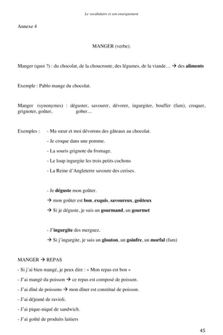 Le vocabulaire et son enseignement	
  

Annexe 4

MANGER (verbe).

Manger (quoi ?) : du chocolat, de la choucroute, des légumes, de la viande…  des aliments

Exemple : Pablo mange du chocolat.

Manger (synonymes) : déguster, savourer, dévorer, ingurgiter, bouffer (fam), croquer,
grignoter, goûter,
gober…

Exemples :

- Ma sœur et moi dévorons des gâteaux au chocolat.
- Je croque dans une pomme.
- La souris grignote du fromage.
- Le loup ingurgite les trois petits cochons
- La Reine d’Angleterre savoure des cerises.

- Je déguste mon goûter.
 mon goûter est bon, exquis, savoureux, goûteux
 Si je déguste, je suis un gourmand, un gourmet

- J’ingurgite des merguez.
 Si j’ingurgite, je suis un glouton, un goinfre, un morfal (fam)

MANGER  REPAS
- Si j’ai bien mangé, je peux dire : « Mon repas est bon »
- J’ai mangé du poisson  ce repas est composé de poisson.
- J’ai dîné de poissons  mon dîner est constitué de poisson.
- J’ai déjeuné de ravioli.
- J’ai pique-niqué de sandwich.
- J’ai goûté de produits laitiers
	
  

45	
  

 