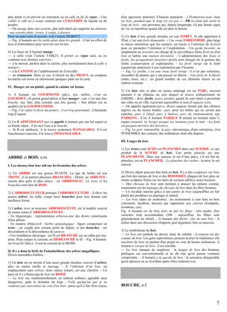 plus petite si on prévoit un entremets ou un café en fin de repas. - Une
cuiller à café ou à soupe contient une CUILLERÉE de liquide ou de
poudre.
— On mange dans une assiette, plat individuel qui supporte les aliments
: une assiette plate, creuse, à soupe, à dessert.
Pour un autre sens d’assiette, voir l’article DEBOUT.
— Fig. A humain met les petits plats dans les grands : il fait un effort de
luxe et d'abondance pour recevoir ses invités.
4) Les lieux où A humain mange :
— à table (voir l’article TABLE). Il prend ses repas seul, ou en
commun avec d'autres convives ;
— à la maison, parfois dans la cuisine, plus normalement dans la salle à
manger ;
— à la CANTINE de l’établissement où il travaille ;
— au restaurant. Dans ce cas, il choisit un des MENUS, ou compose
lui-même son menu en choisissant quelques plats sur la carte.

d'un agresseur potentiel. Chanson populaire : « Promenons-nous dans
les bois, pendant que le loup n'y est pas. » - PR La faim fait sortir le
loup du bois : une personne qui, depuis longtemps, n'a pas donné signe
de vie, se manifeste quand elle est dans le besoin
2) Un bois d’une grande étendue est une FORÊT. Si elle appartient à
l'État, c’est une forêt domaniale. - Une route FORESTIÈRE, plus large
et mieux entretenue que les sentiers, est tracée à l’intérieur de la forêt
pour en permettre l’entretien et l’exploitation. - Un garde forestier ou
simplement un forestier est chargé de la surveillance d'une forêt ou d'un
bois et habite une maison forestière. - L’administration des Eaux et
forêts, les groupements forestiers privés sont chargés de la gestion des
forêts (conservation et exploitation). - La forêt vierge est la forêt
équatoriale antérieure à son exploitation par l’homme.
— Fig. Ce jardin, c’est une vraie forêt vierge : il n’est pas entretenu,
encombré de plantes qui y ont poussé en liberté. - Une forêt de A élevés
(mâts, tours, etc.) : un grand nombre de ces éléments réunis en un
endroit restreint.

IV. Manger est un plaisir, quand la cuisine est bonne.
1) A humain est GOURMAND (péj.), syn. mélior., c’est un
GOURMET, s'il prend grand plaisir à bien manger ; syn. c’est une fine
bouche, syn. fam. plus courant, une fine gueule. - Son défaut (ou sa
qualité) est la GOURMANDISE.
— Fig. J’ai refusé le devis du peintre ; il est trop gourmand : il demande
trop d’argent.
2) Un B APPÉTISSANT met en appétit A humain par son bel aspect et
sa bonne odeur ; il lui met l'eau à la bouche.
— Si B est médiocre, A le trouve seulement MANGEABLE. S’il est
franchement mauvais, il le trouve IMMANGEABLE.

3) Un bois clos et plus ou moins aménagé est un PARC, souvent
attenant à un château, au sein duquel se trouve ordinairement un
JARDIN. - Bois, forêts, parcs, jardins, quand ils sont situés à proximité
des villes ou en ville, reçoivent aujourd'hui le nom d’espaces verts.
— On appelle également parcs, divers espaces fermés par des clôtures
légères ou du moins limités : parc pour les bébés qui ne savent pas
marcher, parc à bétail, parc à huîtres, parc de stationnement, syn.
PARKING ; d’où A humain PARQUE B animal ou humain dans C,
espace resserré. Le berger parque ses moutons pour la nuit. - La foule
est parquée derrière des barrières.
— Fig. Le parc automobile, le parc informatique d'une entreprise, c'est
l'ENSEMBLE des voitures, des ordinateurs dont elle dispose.
III. Usages du bois.

ARBRE et BOIS, n.m.
I. Les oiseaux font leur nid sur les branches des arbres.
1) Un ARBRE est une grosse PLANTE. La tige de l'arbre est son
TRONC, d’où partent plusieurs BRANCHES. - Dimin. un ARBUSTE ;
encore plus petit et plus mince : un ARBRISSEAU. Le tronc et les
branches sont faits de BOIS.
2) L'ARBORICULTEUR pratique l'ARBORICULTURE : il élève les
jeunes arbres, les taille, coupe leurs branches pour leur donner une
meilleure forme.
3) L'arbre, avec sa structure ARBORESCENTE, est le modèle concret
de toutes sortes d’ARBORESCENCES :
- En linguistique : représentation arborescente des divers constituants
d'une phrase.
- En matière d'état-civil : l'arbre généalogique : figure comportant un
tronc ; un couple pris comme point de départ, et des branches : ses
descendants et la descendance de ceux-ci.
- Une installation électrique : un fil est BRANCHÉ sur un câble par une
prise. Pour couper le courant, on DÉBRANCHE le fil. – Fig. A humain
est branché (fam.) : il suit le courant de la MODE.
II. Il y a dans la forêt de Fontainebleau, des arbres magnifiques.
Divers ensembles d'arbres.
1) Un bois est un terrain d’une assez grande étendue, couvert d’arbres,
plus ou moins touffu et sauvage. - À l’intérieur d’un bois, un
emplacement sans arbres, donc mieux éclairé, est une clairière. - Un
pays où il y a beaucoup de bois est BOISÉ.
— Le bois est, traditionnellement, un endroit solitaire, agréable mais
dangereux, jadis le domaine du loup : Voilà quelqu'un que je ne
voudrais pas rencontrer au coin d'un bois : parce qu'il a l'air d'un voyou,

1) Les troncs sont SCIÉS en PLANCHES dans une SCIERIE, ce qui
produit de la SCIURE de bois. Une petite planche est une
PLANCHETTE. Dans une maison, le sol d’une pièce, s’il est fait de
planches, est un PLANCHER. - Le plancher des vaches : la terre, le sol
naturel.
2) Divers objets peuvent être faits en bois. Il y a des sculpteurs sur bois
qui font des statues de bois et des BOISERIES, plaques de bois plus ou
moins sculptées fixées sur les murs de certains édifices assez luxueux.
— Des chevaux de bois sont destinés à amuser les enfants comme,
notamment sur les manèges de chevaux de bois dans les fêtes foraines.
— Un invalide marche grâce à une jambe de bois (aujourd'hui on fait
plutôt des prothèses en plastique et métal).
— Les bois (dans un orchestre) : les instruments à vent faits en bois
(clarinette, hautbois, basson) par opposition aux cuivres (trompette,
trombone, cor).
Fig. A humain est du bois dont on fait les flûtes : très tendre, d'un
caractère trop accommodant (NB : aujourd'hui, les flûtes sont
généralement en métal). - A humain fait flèche / feu de tout bois : A
utilise dans une discussion n'importe quel argument, bon ou mauvais.
3) Le symbolisme du bois.
— Le bois est symbole de dureté, donc de solidité : A concret est dur
comme du bois. Les gens superstitieux pensent écarter la malchance s'ils
touchent du bois en parlant d'un projet en voie de bonne réalisation. A
humain n’est pas de bois : il est sensible.
— Le bois manque de souplesse : la langue de bois des hommes
politiques est conventionnelle et ne dit rien qu'on puisse vraiment
comprendre. - A humain a la gueule de bois : la sensation désagréable
qu'on éprouve en se réveillant après s'être endormi ivre.

BOUCHE, n.f.

7

 