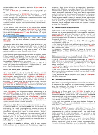 atteindre quelque chose de très haut, il peut encore se DRESSER sur la
pointe des pieds.
— Ant. il SE PENCHE, syn. se COURBE, vers un objet plus bas que
lui.
— Après s'être courbé, A se REDRESSE. Tiens-toi droit ! : conseil
souvent donné aux enfants pour leur éviter une déformation de la
colonne vertébrale. Syn. Tiens-toi bien !, la position droite étant tenue
pour un signe de bonne éducation.
— En matière de vêtements, sont dits droits ceux qui n'ont pas
d'ampleur et suivent de près la ligne verticale du corps : une jupe droite,
un veston droit.

président, à droite siègent en principe les conservateurs, nationalistes,
partisans du libéralisme économique, à gauche les révolutionnaires,
internationalistes, partisans du dirigisme d'État qui se proclament euxmêmes progressistes. Un homme de droite fait en principe une politique
de droite, un homme de gauche, une politique de gauche. - Jean est de
gauche / a des idées de gauche, Marc, de droite / a des idées de droite.
- Entre les deux se situe le centre, les centristes qui font une politique
centriste. Selon que le centre est plus ou moins important, l’opposition
entre la droite et la gauche s’affirme ou s’efface. Dans certaines
situations, elles ne s'opposent guère que par leurs extrêmes, l’extrême
droite et l’extrême gauche.

2) Tout objet qui tombe, va de haut en bas, suit une ligne verticale
parfaitement droite qui croise la ligne HORIZONTALE de la surface
du sol à angle droit, soit à 90 degrés (le quart des 360 degrés d'un
cercle). Elle lui est PERPENDICULAIRE. Par extension, tout angle à
90° est appelé angle droit.
Pour horizon, voir l’article TERRE.
— Un RECTANGLE est une figure RECTANGULAIRE à quatre
angles droits. - Une ligne droite qui n'est ni verticale ni horizontale est
OBLIQUE.

III. Jean marche droit ; il va en ligne droite.

3) Pour qu'un objet concret A soit stable et ne tombe pas, il faut qu'il soit
placé droit, son axe central perpendiculaire à la surface sur laquelle il
repose. Un mur doit être construit bien droit ; il ne faut pas qu'il
penche. - B humain dresse A, objet long et mince : il le place
verticalement. Le constructeur dresse le mât du bateau.
4) Une feuille de papier étant posée sur une table, on considère comme
le haut la partie la plus éloignée d'une personne qui lit ou écrit, et
comme le bas la partie la plus rapprochée, par opposition à la DROITE
et à la GAUCHE. En géométrie, on trace des lignes verticales,
horizontales et obliques selon ces conventions.
— Une écriture droite est perpendiculaire aux côtés haut et bas de la
feuille ; une écriture penchée est oblique. A est droit comme un I : bien
droit. - Jean écrit droit (adv.), Marc écrit penché.
II. Jean tend la main droite à son visiteur.
1) La main droite est, chez la majorité des individus, qui sont
DROITIERS, est la bonne main, grâce à laquelle ils sont ADROITS,
syn. HABILES, peuvent faire preuve d'ADRESSE, d'HABILETÉ et
exécuter des travaux délicats (écrire, coudre, etc.). Luc est adroit, il
bricole habilement ; il est habile de ses mains, habile à recoller la
porcelaine. - A humain, pour faire ce genre de travaux, s’y prend
ADROITEMENT, syn. HABILEMENT. - Il se sert de sa main droite
pour serrer celle de B humain en signe de bon accueil, il lève la main
droite pour prêter serment en disant « Je le jure ».
Pour un autre sens d’adresse, voir l’article LETTRE.
2) Les GAUCHERS sont des individus chez qui la bonne main est la
main GAUCHE. - Quand un droitier se sert de sa main gauche pour
des travaux qui demanderaient la main droite, ou que sa main droite ne
fonctionne pas bien, il est gauche, syn. MALADROIT ; il travaille
MALADROITEMENT ; ses défauts sont la GAUCHERIE, la
MALADRESSE, et il commet des actions qui sont des maladresses.
Sylvie a cassé une assiette : c’est une maladresse !
3) La place des objets. En mettant le couvert, mettez l'assiette au milieu,
le couteau à droite et la fourchette à gauche ; syn. du coté droit / du
côté gauche : par rapport à vous-mêmes, qui regardez ces objets : à
votre gauche ou à votre droite : Pour aller à la poste, prenez la
première rue à gauche, pour l'église, la seconde à droite. - Asseyezvous à ma gauche et vous, à ma droite. - Les voitures doivent rouler à
droite, syn. tenir leur droite. - A, descendant le cours d'un fleuve de
l'amont à l'aval, a la rive droite à sa droite et la rive gauche à sa
gauche. À Paris, l'Arc de Triomphe est sur la rive droite de la Seine, et
la Tour Eiffel sur sa rive gauche.
4) La droite et la gauche en politique : selon la place occupée
traditionnellement par les députés dans l'hémicycle par rapport au

1) A humain va droit devant lui (adv.) si, ne tournant pas la tête, il se
DIRIGE, vers un certain point situé dans la DIRECTION de son regard ;
ce point est le but qu'il vise. Jean va droit au but ; syn. il y va
DIRECTEMENT. B dirige A : il le fait aller dans une certaine
direction, vers un certain but. La tour de contrôle dirige les avions vers
les pistes de l'aéroport.
— Pour aller à la gare ? - C'est tout droit, à 500 mètres signifie :
suivez toujours la même rue.
— En géométrie, la ligne droite (adj.) ou la droite (nom) est le plus
court chemin d'un point à un autre ; syn. le chemin le plus DIRECT.
On la trace avec une RÈGLE.
— Antonymes : A humain TOURNE : il change de direction à un
CROISEMENT. - A fait des DÉTOURS : il ne prend pas le plus court
chemin.
2) Un objet concret A (ex. une barre de bois ou de métal) est droit si sa
forme est mince, allongée, et ne présente ni courbes ni angles.
— Ant. B TORD l'objet A, lui imprime un mouvement de TORSION,
s'il le déforme en lui faisant prendre des formes courbes. Cette règle est
tordue, je ne peux pas m'en servir. - Quand un objet est tordu, B peut
parfois le redresser.
— Des courbes régulières autour d'un axe bien droit forment une
TORSADE (mot concret).
— Par ext. le v. tordre peut avoir pour objet diverses parties du corps
plus ou moins droites normalement : tordre le cou, se tordre la cheville,
avoir la bouche tordue.
— Fig. A humain se tord (de rire) parce que ce que B est TORDANT :
très drôle, très amusant.
IV. Emplois abstraits des mots ci-dessus.
Étant donné la supériorité généralement reconnue de la main droite sur
la main gauche pour le travail et de la route droite sur la route sinueuse,
pour aller rapidement d'un endroit à un autre, l'adjectif droit est
mélioratif et ses antonymes péjoratifs.
1) Jean est un homme droit ; ant. RETORS. Sa qualité est la
DROITURE. Il ne cherche pas à tromper ses partenaires par des
manœuvres obliques : il dit la vérité et tient ses promesses. Il est direct
dans sa manière de parler, n’emploie pas de moyens INDIRECTS. Il va
droit au but : il ne cache pas ses intentions. - Il marche droit, suit le
droit chemin : sa conduite est morale.
— Un esprit droit, guidé par la droite raison distingue facilement la
vérité de l'erreur. - Ant. un esprit tordu (fam.). - Éric est complètement
tordu (fam.) : il pense de travers.
2) Le droit et le TORT. Ce que Jean a fait, il l'a fait à bon droit. - Non,
il l'a fait à tort. - Jean était dans son droit quand il a bifurqué ;
l'automobiliste qui l'a percuté était dans son tort : Jean respectait les
règles permettant de circuler normalement ; son adversaire ne les
respectait pas. - Jean avait le droit de bifurquer. - L'adversaire a eu tort
de griller le feu rouge ; il n'en avait pas le droit.
NB : Attention ! l'ant. de avoir tort est avoir raison (voir l’article
« RAISON ») et non pas *avoir droit : Tu as eu raison d'acheter cette
maison : elle est belle. - Tu as eu tort de l'acheter, elle était trop chère.
- À tort ou à raison, je l'ai achetée ; ce qui est fait est fait. - Quand Max

1

 