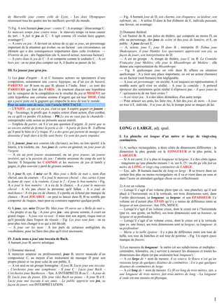de Marseille joue contre celle de Lyon. - Les Jeux Olympiques
réunissent tous les quatre ans les meilleurs sportifs du monde.
7) Fig. A non humain joue pour / contre C : A avantage / désavantage C.
Le mauvais temps joue contre nous : le mauvais temps va nous causer
du tort. - A fait le jeu de C : A agit comme s'il voulait faire gagner,
avantager C.
— A entre en jeu : A devient un acteur de ce qui se joue, un personnage
important de la situation qui évolue, ou un facteur : une circonstance, un
élément qui a des conséquences importantes dans cette évolution. —
D'entrée de jeu : dès l'apparition (de A, nouvel acteur, nouveau facteur).
— A entre dans le jeu de C : A se comporte comme le souhaite C. - A est
hors jeu : on ne peut plus compter sur A, il faudra se passer de lui.
III. Le joueur joue gros jeu.
1) Les jeux d'argent : A et C humains acteurs ou spectateurs d’une
compétition, notamment une course hippique, ou d’un jeu de hasard,
PARIENT sur B nom ou que B, phrase à l’indic. futur ; ce sont des
PARIEURS qui font des PARIS : ils émettent chacun une hypothèse
sur le vainqueur de la compétition ou le résultat du jeu et MISENT sur
cette hypothèse une certaine somme d’argent qui est leur MISE. Celui
qui a parié juste est le gagnant qui empoche la mise de tout le monde.
Pour un autre sens de mise, voir l’article SPECTACLE.
— L'ENJEU, ce qui est en jeu, c'est ce que A espère gagner en jouant. Fig. : l'avantage, le profit que A espère retirer d'une action, d'un combat,
ou ce qu'il va perdre s'il échoue. - PR Le jeu ne vaut pas la chandelle :
entreprendre cette action ne présente aucun intérêt.
— Emplois de parier, où il n’est pas question d’argent. Je parie que tu
as encore oublié de fermer la porte à clé. - A parie de faire B : il affirme
qu’il peut le faire et s’y risque. Il y a des gens qui parient de manger une
douzaine d’œufs durs à la file sans boire. Ce sont des paris stupides.
2) A, joueur, joue aux courses (de chevaux), au loto, au loto sportif, à la
loterie, à la roulette, etc. Aux jeux de cartes en général, on joue pour de
l'argent.
— A est un petit joueur occasionnel, ou un gros joueur, un joueur
invétéré, qui a la passion du jeu : l’attente anxieuse du coup du sort le
fascine. Il fréquente les CASINOS et les maisons de jeu et tantôt y
gagne, et plus souvent y perd de grosses sommes.
3) A joue B, syn. il mise sur B. Max joue « Belle de nuit », nom d'un
cheval, aux de courses. - Il a joué le mauvais cheval. - Aux cartes il joue
la dame de cœur, à la roulette, il joue le 2 ; il joue le bon numéro. - Fig.
A a joué le bon numéro : A a eu de la chance. - A a joué le mauvais
cheval : A n'a pas choisi la personne qu'il fallait. - A a joué de
malchance : A n'a pas eu de chance, il a perdu ou échoué par manque de
chance. - B est JOUABLE : on peut se lancer dans B, B ne semble pas
comporter de risques, mais peut au contraire rapporter quelque profit.
4) A joue, syn. mise D (sur B). Max joue 10 euros sur « Belle de nuit ».
- Au propre et au fig. : A joue gros jeu : une grosse somme, il court un
grand risque. - A joue son va-tout : il mise tout son argent, risque tout ce
qu'il possède dans l'espoir de réussir. - Fig. Les jeux sont faits : on ne
peut plus rien changer à ce qui a été décidé.
— A joue sur les mots : A tire parti de certaines ambigüités du
vocabulaire, pour lui faire dire plus qu'il n'est nécessaire.
IV. Lucie nous a joué une toccata de Bach.
A humain joue B, œuvre artistique.
1) Domaine musical.
A musicien amateur ou professionnel, joue B, œuvre musicale d’un
compositeur C, au moyen d’un instrument de musique D pour son
propre plaisir et /ou pour celui de son public, E.
— A est seul ou un groupe homogène : il joue B. Lucie joue une toccata.
- L'orchestre joue une symphonie. - Il joue C : Lucie joue Bach. L'orchestre joue Beethoven. - Syn. A INTERPRÈTE B ou C. - A joue de
D. Lucie joue du piano. Elle joue (du) Bach au piano. - A joue B à E.
Lucie joue une toccata à ses amis. - Le public apprécie son jeu, sa
façon de jouer, son INTERPRÉTATION.

— Fig. A humain joue de D, son charme, son éloquence, sa laideur, son
infirmité, etc. : A utilise D dans le but d'obtenir de E, individu puissant,
une faveur, un avantage.
2) Domaine théâtral.
C est l'auteur de B, une pièce de théâtre, qui comporte au moins D, un
rôle ou personnage, des jeux de scène et des jeux de lumière, et E, un
public : A joue devant E.
— A, acteur, joue C, joue D dans B ; interprète D. Talma joue
Shakespeare, il joue Hamlet. Les spectateurs apprécient son jeu, sa
façon de jouer, son interprétation de D.
— A est un groupe : A, troupe de théâtre, joue C ou B. La Comédie
Française joue Molière, elle joue le Misanthrope de Molière : elle
donne une représentation du Misanthrope.
— Fig. A quelconque joue un rôle dans B, affaire ou situation
quelconque : A y tient une place importante, en est un acteur (humain)
ou un facteur (non humain) non négligeable.
— A joue un personnage : en société, A est toujours en représentation, il
semble autre qu'il n'est en réalité. - A joue la comédie : A prétend
éprouver des sentiments qu'en réalité il n'éprouve pas. - À quoi joues-tu
? : qu'essaies-tu de me faire croire ?
— A est vieux jeu : A a des idées démodées, d'un autre temps.
— Pour amuser ses amis, les faire rire, A fait des jeux de mots. - A joue
un tour à E, individu : il se joue de lui, le trompe pour se moquer de lui.

LONG et LARGE, adj. qual.
I. La planche est longue d’un mètre et large de vingt-cinq
centimètres.
1) A, surface rectangulaire, a deux côtés de dimensions différentes : la
dimension la plus grande est la LONGUEUR et la plus petite, la
LARGEUR.
— Si A est carré, il n’a plus ni longueur ni largeur, il a des côtés égaux
: imaginons qu’une planche mesure 1 m. sur 0, 25 : on dit qu’elle fait un
mètre de LONG et vingt cinq centimètres de LARGE.
— Loc. adv. B humain marche de long en large : B se trouve dans un
certain lieu plus ou moins rectangulaire où il va et vient dans un sens et
dans l’autre en attendant quelque chose ou en réfléchissant.
2) A est un volume.
— Lorsqu’il s’agit d’un volume plein (par ex. une planche), qu’il soit
placé à l’horizontale ou à la verticale, ses trois dimensions sont, dans
l’ordre décroissant, sa longueur, sa largeur, et son ÉPAISSEUR. Ce
volume est d’autant plus ÉPAIS qu’il y a moins de différence entre sa
largeur et son épaisseur. Ant. FIN, MINCE.
— Lorsqu’il s’agit d’un volume creux, dont le creux est à l’horizontale
(par ex. une grotte, un buffet), ses trois dimensions sont sa hauteur, sa
largeur et sa profondeur.
— Lorsqu’il s’agit d’un volume creux, dont le creux est à la verticale
(par ex. une fosse), ses trois dimensions sont sa largeur, sa longueur, et
sa profondeur.
— Marie a la taille épaisse : il y a peu de différence entre son tour de
taille, son tour de hanches et son tour de poitrine. - Fig. Un esprit épais
manque de finesse.
3) Les mesures de longueur : le mètre (et ses subdivisions et multiples :
centimètre, kilomètre, etc.) servent à mesurer les distances et toutes les
dimensions des objets (et pas seulement leur longueur) :
— A est large de + nom de mesure. À sa source, le fleuve n’est qu’un
ruisseau large de quelques dizaines de centimètres ; il n’a que quelques
dizaines de centimètres de large.
— A est long de + nom de mesure. Ce fil est long de trois mètres, syn. a
une longueur de trois mètres, fait trois mètres de long. - La longueur
d’onde est une mesure en physique.

1

 