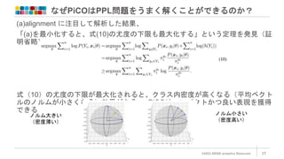 なぜPiCOはPPL問題をうまく解くことができるのか？
©2022 ARISE analytics Reserved. 17
(a)alignment に注目して解析した結果、
「(a)を最小化すると、式(10)の尤度の下限も最大化する」という定理を発見（証
明省略）
式（10）の尤度の下限が最大化されると、クラス内密度が高くなる（平均ベクト
ルのノルムが小さくなる）効果がある → PiCOはコンパクトかつ良い表現を獲得
できる
ノルム大きい
（密度薄い）
ノルム小さい
（密度高い）
 
