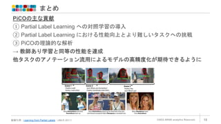 まとめ
©2022 ARISE analytics Reserved. 18
画像引用：Learning from Partial Labels（JMLR 2011）
PiCOの主な貢献
① Partial Label Learning への対照学習の導入
② Partial Label Learning における性能向上とより難しいタスクへの挑戦
③ PiCOの理論的な解析
→ 教師あり学習と同等の性能を達成
他タスクのアノテーション流用によるモデルの高精度化が期待できるように
 