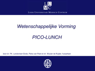 Wetenschappelijke Vorming
PICO-LUNCH
door dr. FK. Landsmeer-Grote, Petra van Peet en dr. Wouter de Ruijter, huisartsen
 