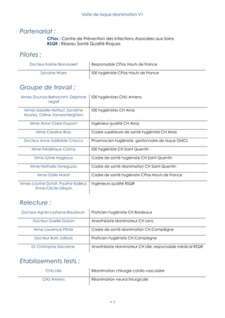 Visite de risque réanimation V1
 3
Partenariat :
CPias : Centre de Prévention des Infections Associées aux Soins
RSQR : Réseau Santé Qualité Risques
Pilotes :
Docteur Karine Blanckaert Responsable CPias Hauts de France
Sylvaine Waes IDE hygiéniste CPias Hauts de France
Groupe de travail :
Mmes Dounya Belhachmi, Delphine
Legall
IDE hygiénistes CHU Amiens
Mmes Isabelle Herfaut, Sandrine
Houriez, Céline Vanwonterghem
IDE hygiénistes CH Arras
Mme Anne Claire Dupont Ingénieur qualité CH Arras
Mme Caroline Bray Cadre supérieure de santé hygiéniste CH Arras
Docteur Anne Adélaïde Cracco Pharmacien hygiéniste, gestionnaire de risque GHICL
Mme Frédérique Czarny IDE hygiéniste CH Saint Quentin
Mme Sylvie Hageaux Cadre de santé hygiéniste CH Saint Quentin
Mme Nathalie Toneguzzo Cadre de santé réanimation CH Saint Quentin
Mme Odile Marat Cadre de santé hygiéniste CPias Hauts de France
Mmes Laurine Dutoit, Pauline Bailleul,
Anne-Cécile Gilquin
Ingénieurs qualité RSQR
Relecture :
Docteur Agnès Lasheras-Baudouin Praticien hygiéniste CH Bordeaux
Docteur Gaelle Gasan Anesthésiste réanimateur CH Lens
Mme Laurence Pfister Cadre de santé réanimation CH Compiègne
Docteur Boris Jolibois Praticien hygiéniste CH Compiègne
Dr Christophe Decoene Anesthésiste réanimateur CH Lille, responsable médical RSQR
Etablissements tests :
CHU Lille Réanimation chirurgie cardio vasculaire
CHU Amiens Réanimation neurochirurgicale
 