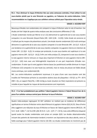 10
R1.1 - Pour diminuer le risque d’infection liée aux voies veineuses centrales, il faut utiliser la voie
sous-clavière plutôt que la voie fémorale ou jugulaire, en l’absence de contre-indication. Cette
recommandation ne s’applique pas aux cathéters veineux utilisés pour l’épuration extra-rénale.
GRADE 1+ ACCORD FORT
Beaucoup d’études non-randomisées ont comparé le risque d’infection selon le site d’insertion. Ces
études ont fait l’objet de quatre méta-analyses avec des conclusions différentes (7–10).
L’étude randomisée menée par errer et al. (11) démontrait la supériorité de la voie sous-clavière
comparée à la voie fémorale (Hazard Ratio (HR : 4,83 [1,96 - 11,93]). Cette étude est ancienne et
n’utilisait pas les moyens de préventions actuels. ne étude récente randomisée (12) multi-centrique
démontre la supériorité de la voie sous-clavière comparée à la voie fémorale (HR : 3,4 [1,0 - 4,3]) et
une tendance à la supériorité de la voie sous-clavière comparée à la jugulaire interne en intention de
traiter (HR : 2,3 [0,8 - 6,2]). En analyse per-protocole, la voie sous-clavière est supérieure à la voie
jugulaire interne (HR : 3,8 [1,0 - 14,1]). Enfin une méta-analyse (7), comparant la voie sous-clavière à
la voie jugulaire interne retrouve un risque plus important d’infection en voie jugulaire interne (RR :
1,8 [1,0 - 3,4]) mais avec une étérogénéité importante et une part importante d’études non-
randomisées. À noter que la voie jugulaire interne basse (ou postérieure) semble diminuer le risque
d’infection (13) comparée à la voie haute (ou centrale), mais le niveau de preuve est faible (étude
mono-centrique, non-randomisée) (8).
NB : Les contre-indications usuellement reconnues la pose d’une voie sous-clavière sont des
troubles de l’hémostase primaire ou secondaire sévères (taux de plaquettes < 50 G/L ou TP < 30 %
[INR > 2]), un rapport Pa02/Fi02 < 200 mmHg ou toute situation où l’état respiratoire est précaire ou
instable et pour laquelle les risques de barotraumatisme sont importants.
R1.2 - Il ne faut probablement pas préférer l’abord jugulaire interne à l’abord fémoral lors de la
pose d’un cathéter veineux central pour diminuer le taux d’infection.
GRADE 2- ACCORD FORT
Quatre méta-analyses regroupant 25 047 cathéters ne mettent pas en évidence de différences
significatives en terme d’infection entre abord fémoral et jugulaire interne (8,9,14,15). Deux d’entre
elles sugg rent une réduction du taux d’infection en faveur de l’abord jugulaire interne (RR 0,55 ; 95
% CI : 0,34 - 0,89; I2
= 61 % et RR 1,90; 95 % CI : 1,21 - 2,97 ; I² = 35 %), mais cette différence disparait
quand seules les études randomisées sont prises en compte (8,9). Les études observationnelles
incluant des patients de réanimation tendent à montrer une équivalence des deux abords, voire un
faible avantage pour l’abord jugulaire interne (16–20). Les études randomisées ne montrent pas de
 