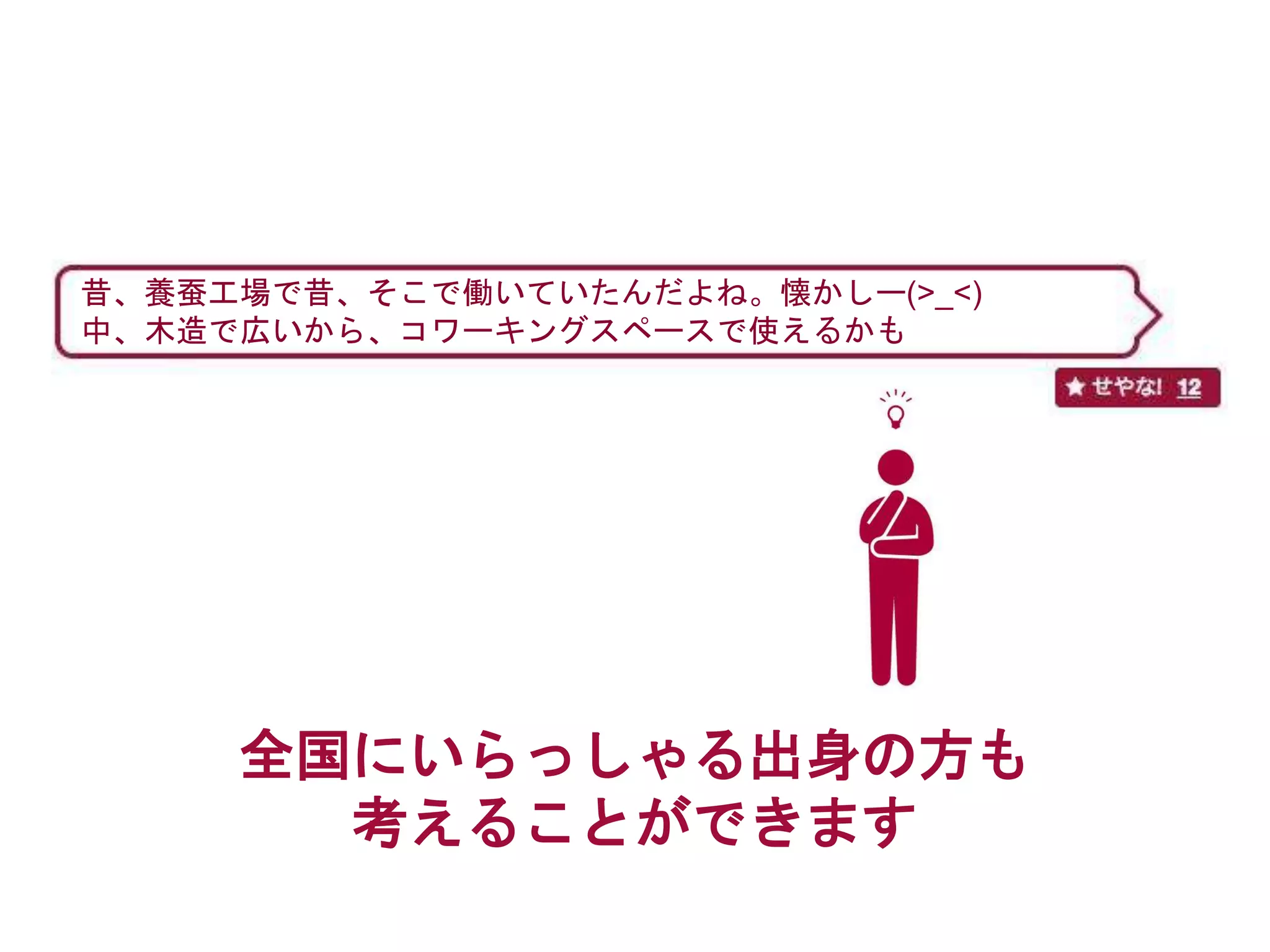 全国にいらっしゃる出身の方も
考えることができます
昔、養蚕工場で昔、そこで働いていたんだよね。懐かしー(>_<)
中、木造で広いから、コワーキングスペースで使えるかも
 