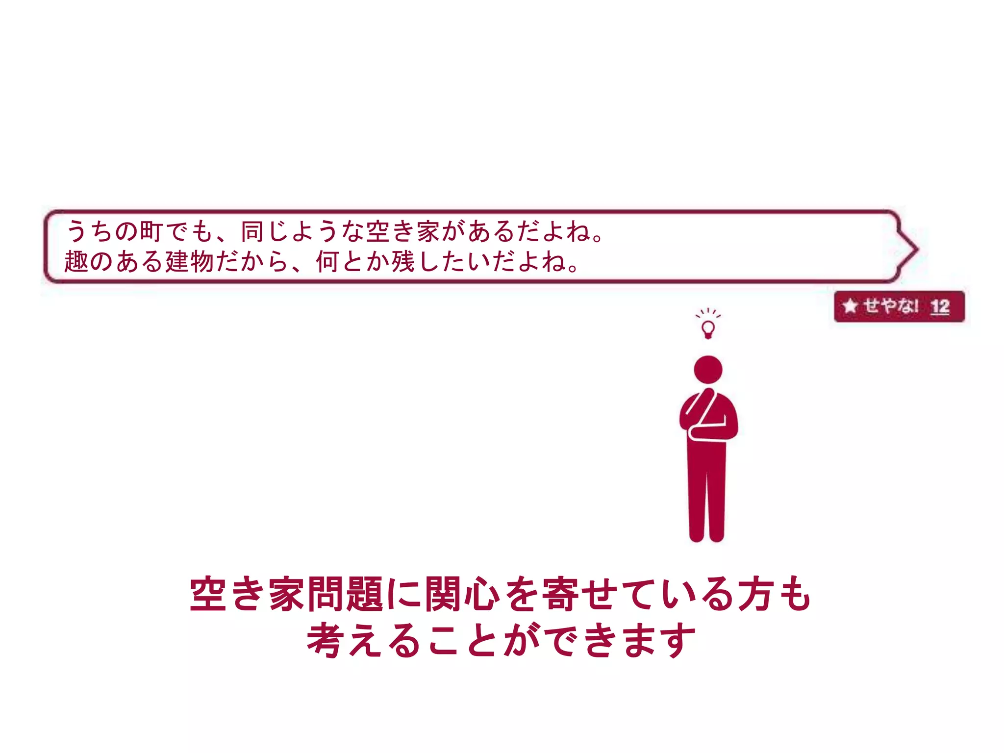 空き家問題に関心を寄せている方も
考えることができます
うちの町でも、同じような空き家があるだよね。
趣のある建物だから、何とか残したいだよね。
 