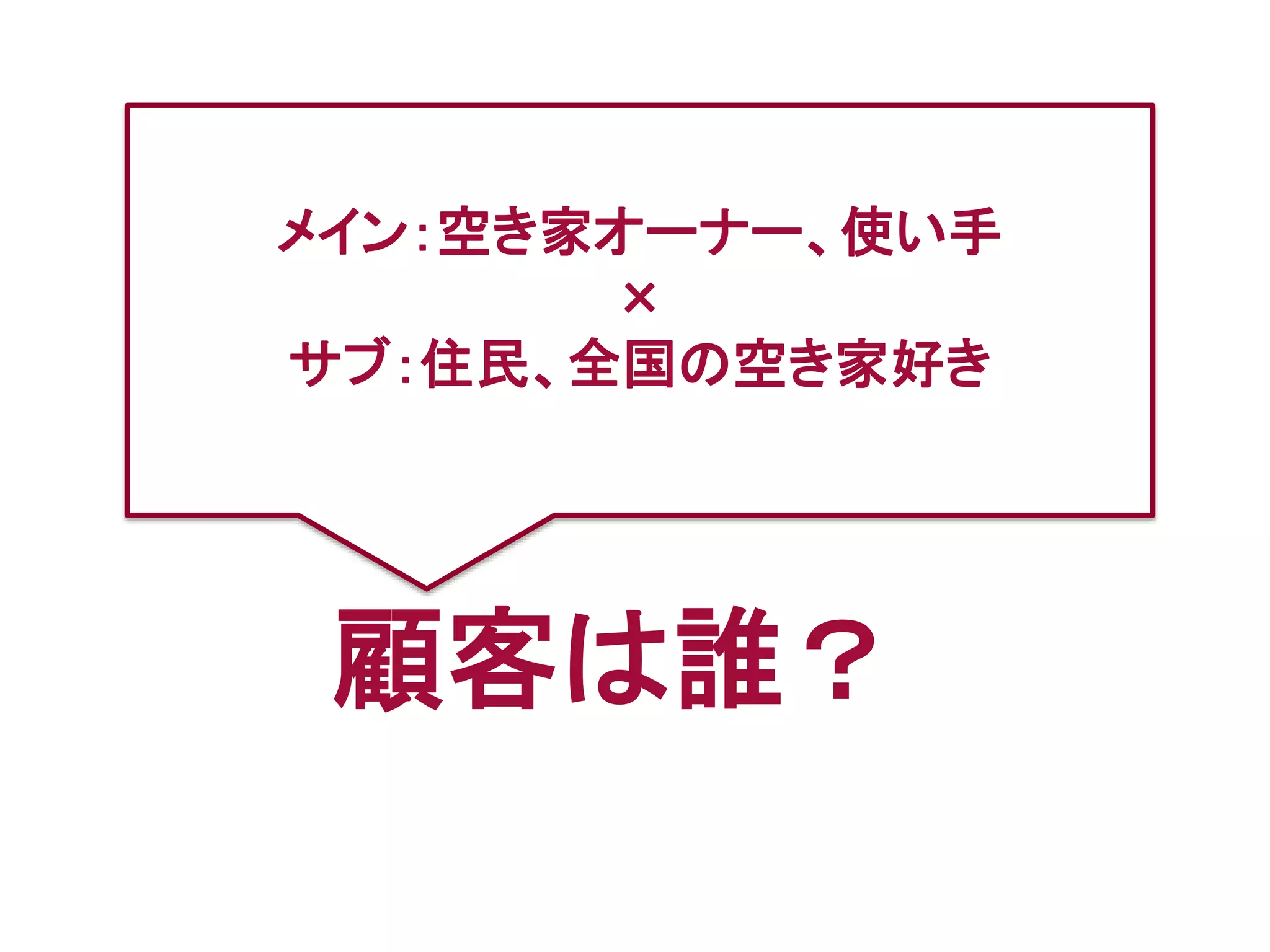 顧客は誰？
メイン：空き家オーナー、使い手
×
サブ：住民、全国の空き家好き
 