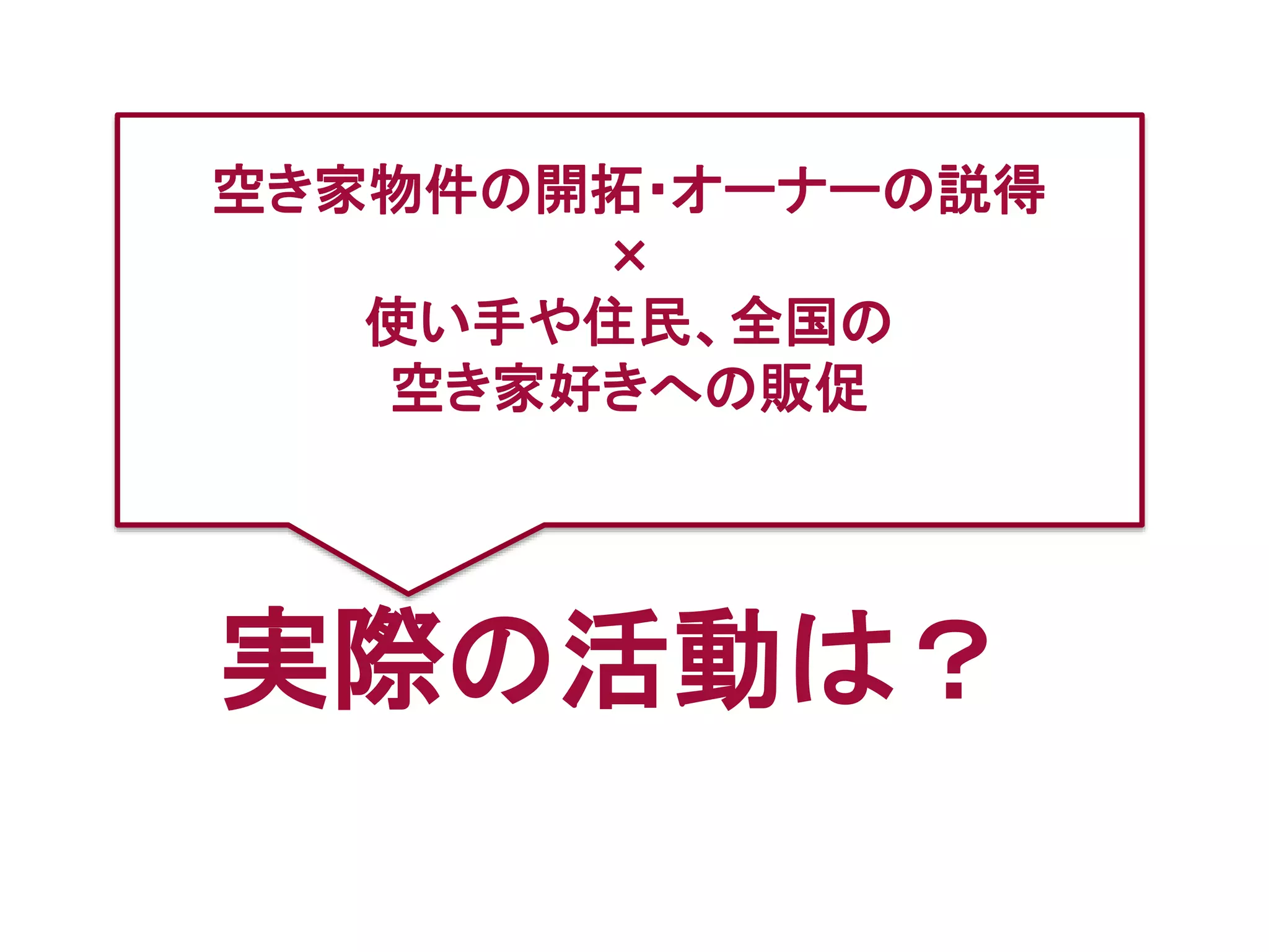 実際の活動は？
空き家物件の開拓・オーナーの説得
×
使い手や住民、全国の
空き家好きへの販促
 