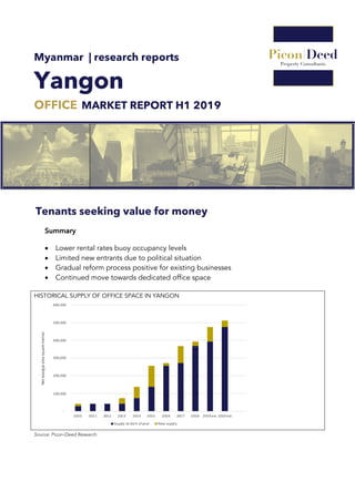 Myanmar | research reports
Yangon
OFFICE MARKET REPORT H1 2019
Tenants seeking value for money
Summary
• Lower rental rates buoy occupancy levels
• Limited new entrants due to political situation
• Gradual reform process positive for existing businesses
• Continued move towards dedicated office space
HISTORICAL SUPPLY OF OFFICE SPACE IN YANGON
Source: Picon-Deed Research
 