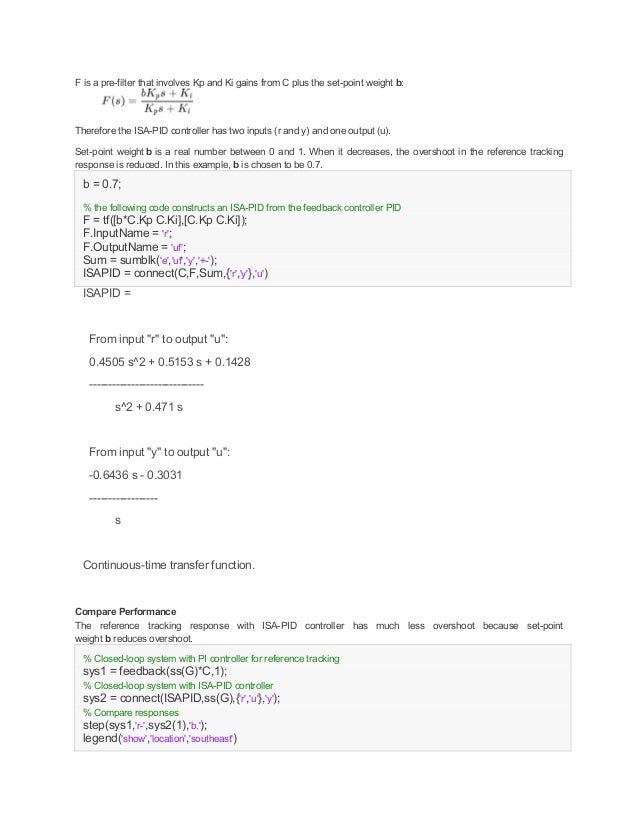 pi controller in the simulink model using matlab statement of values acord form