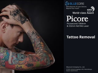 Manufacturer of Laser Devices.
Beyond Your Youth.
Picore
Picosecond 1064nm
& 532nm Nd:YAG Laser
#1203, Centum Jungang-ro 48, Haeundae-gu,
Busan, South Korea
Bluecore Company Co., Ltd.
World-class Award
Tattoo Removal
 