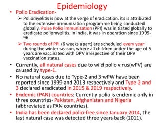 Epidemiology
• Polio Eradication-
 Poliomyelitis is now at the verge of eradication. its is attributed
to the extensive immunization programme being conducted
globally. Pulse Polio lmmunization (PPI) was initiated globally to
eradicate poliomyelitis. In India, it was in operation since 1995-
96.
 Two rounds of PPI (6 weeks apart) are scheduled every year
during the winter season, where all children under the age of 5
years are vaccinated with OPV irrespective of their OPV
vaccination status.
• Currently, all natural cases due to wild polio virus(wPV) are
caused by type-1.
• No natural cases due to Type-2 and 3 wPW have been
reported since 1999 and 2013 respectively and Type-2 and
3 declared eradicated in 2015 & 2019 respectively.
• Endemic (PAN) countries: Currently polio is endemic only in
three countries- Pakistan, Afghanistan and Nigeria
(abbreviated as PAN countries).
• India has been declared polio-free since January 2014, the
last natural case was detected three years back (2011).
 