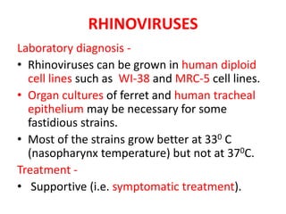 RHINOVIRUSES
Laboratory diagnosis -
• Rhinoviruses can be grown in human diploid
cell lines such as WI-38 and MRC-5 cell lines.
• Organ cultures of ferret and human tracheal
epithelium may be necessary for some
fastidious strains.
• Most of the strains grow better at 330 C
(nasopharynx temperature) but not at 370C.
Treatment -
• Supportive (i.e. symptomatic treatment).
 