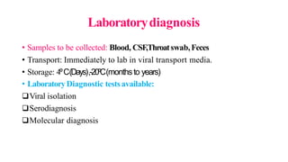 Laboratorydiagnosis
• Samples to be collected: Blood, CSF,Throatswab,Feces
• Transport: Immediately to lab in viral transport media.
• Storage: 4⁰C(Days),-20⁰C(monthsto years)
• LaboratoryDiagnostic testsavailable:
Viral isolation
Serodiagnosis
Molecular diagnosis
 